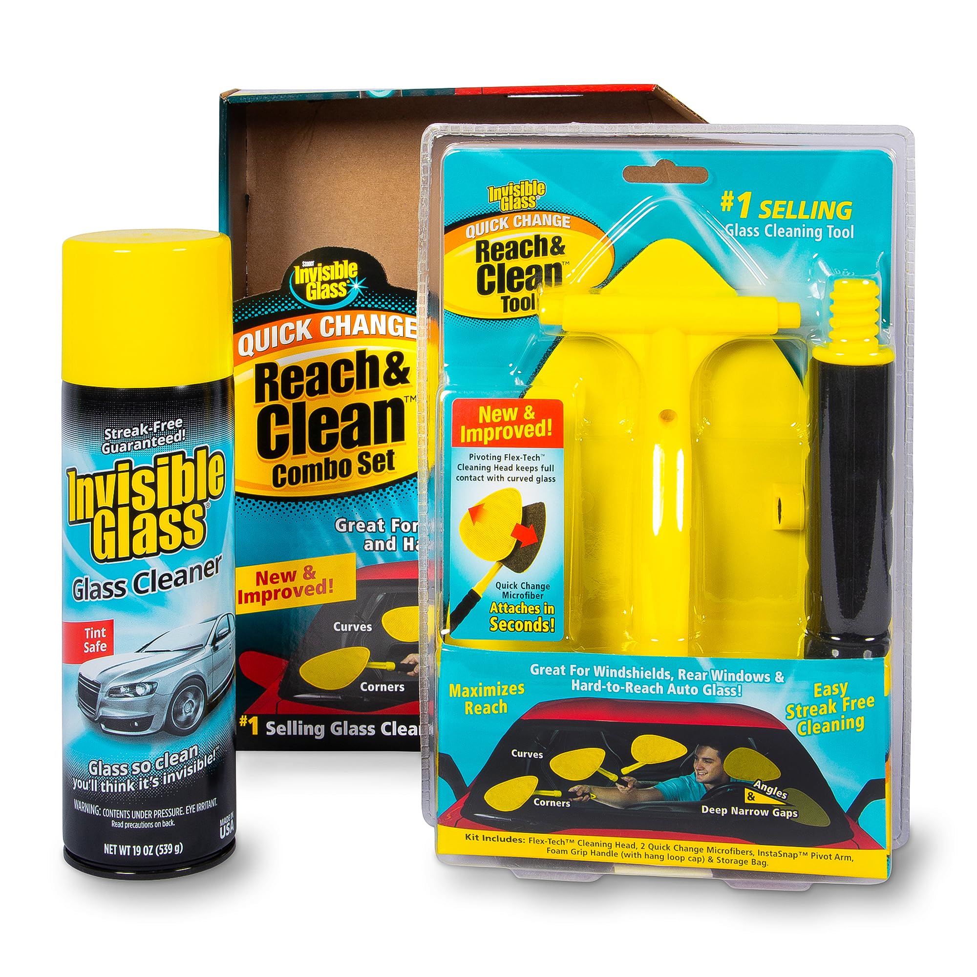 Invisible Glass 99031 Reach & Clean Glass Windshield Cleaner Tool Combo Kit With Premium Aerosol Glass Cleaner, Extendable Handle, (2) Reusable Quick Change Microfibers, and Storage Bag