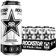 Rockstar Pure Zero Energy Drink, Silver Ice, 0 Sugar, with Caffeine and Taurine, 16oz Cans (Pack of 12) (Packaging May Vary)