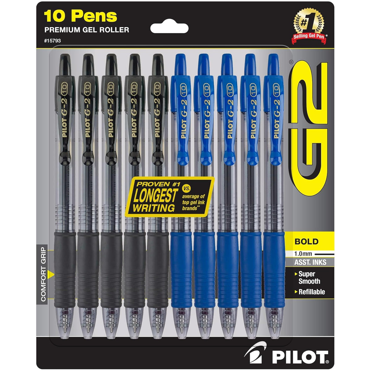 PILOT G2 Pens 1.0 mm - Bold Point, Refillable & Retractable Ballpoint Pens, Pack of 10; 5 Black & 5 Blue