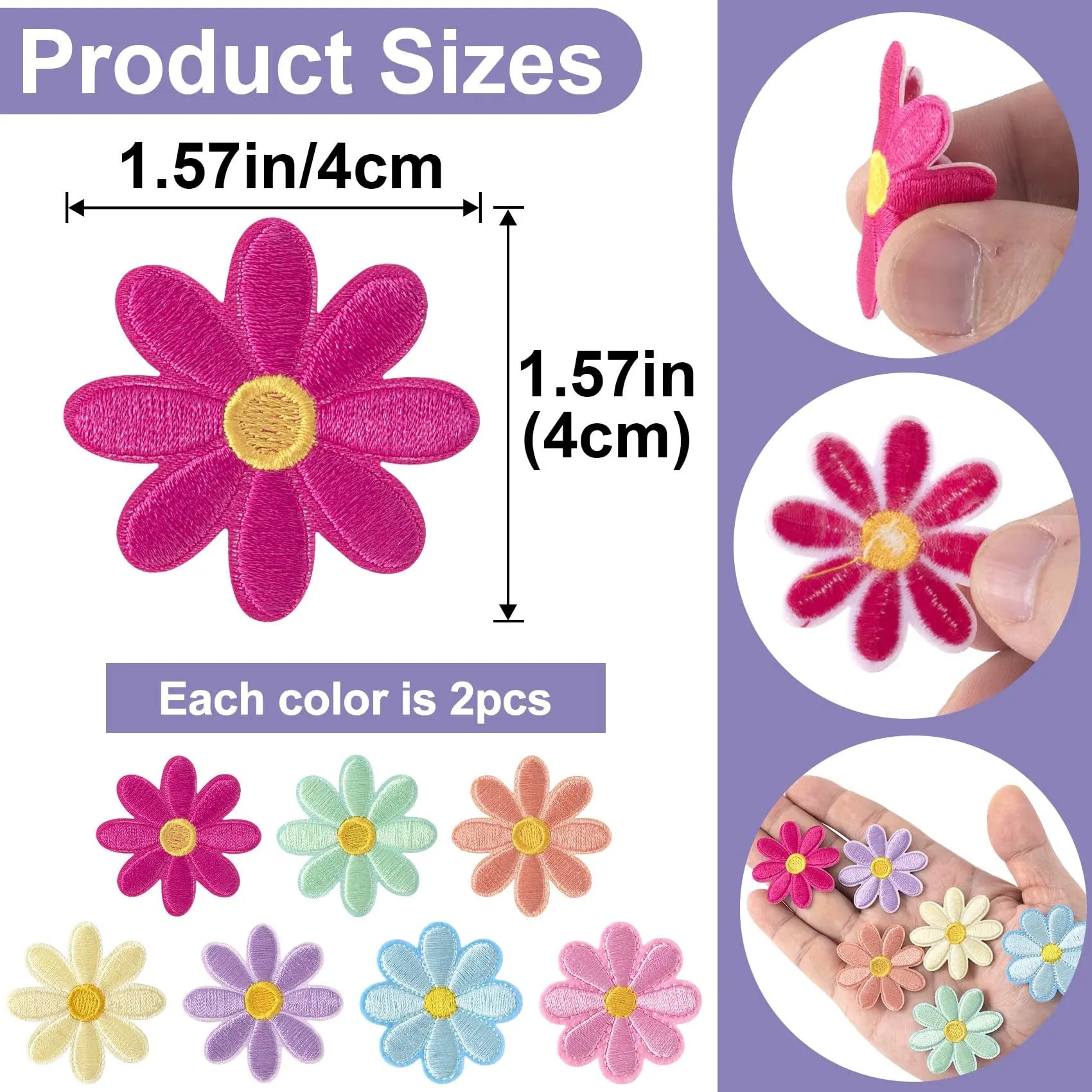 PAGOW 14 Pcs Flower Iron on Patches, Cute Daisy Flower Applique Patch, Sew On Embroidered Applique Sewing Patches for Bags, Jackets, Jeans, Clothes DIY Patches, 1.57x1.57inch (W*H), 7 Colors