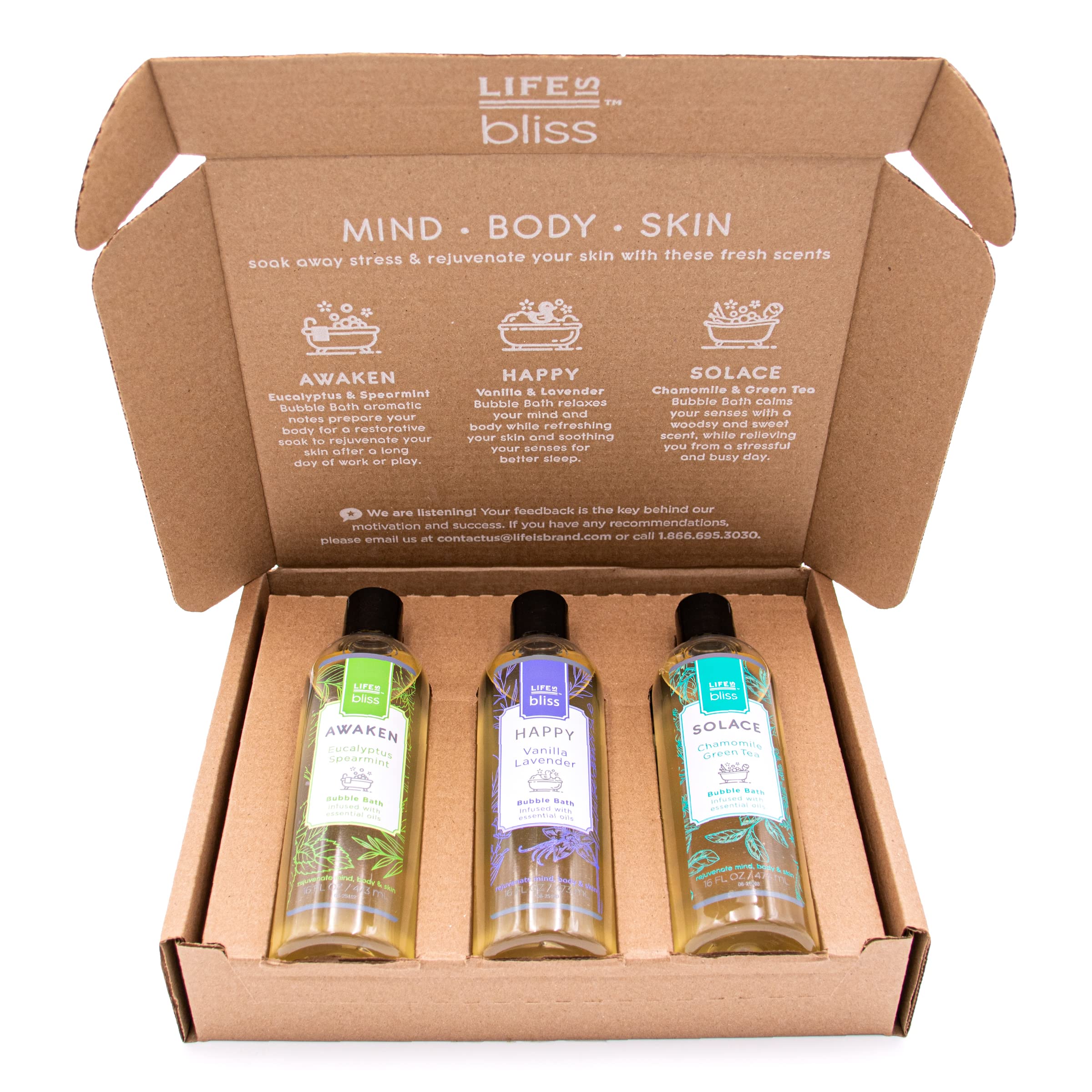 Life is Bliss | 3 Fresh & Soothing Scents | Variety Pack | Liquid Bubble Bath 16 fl oz