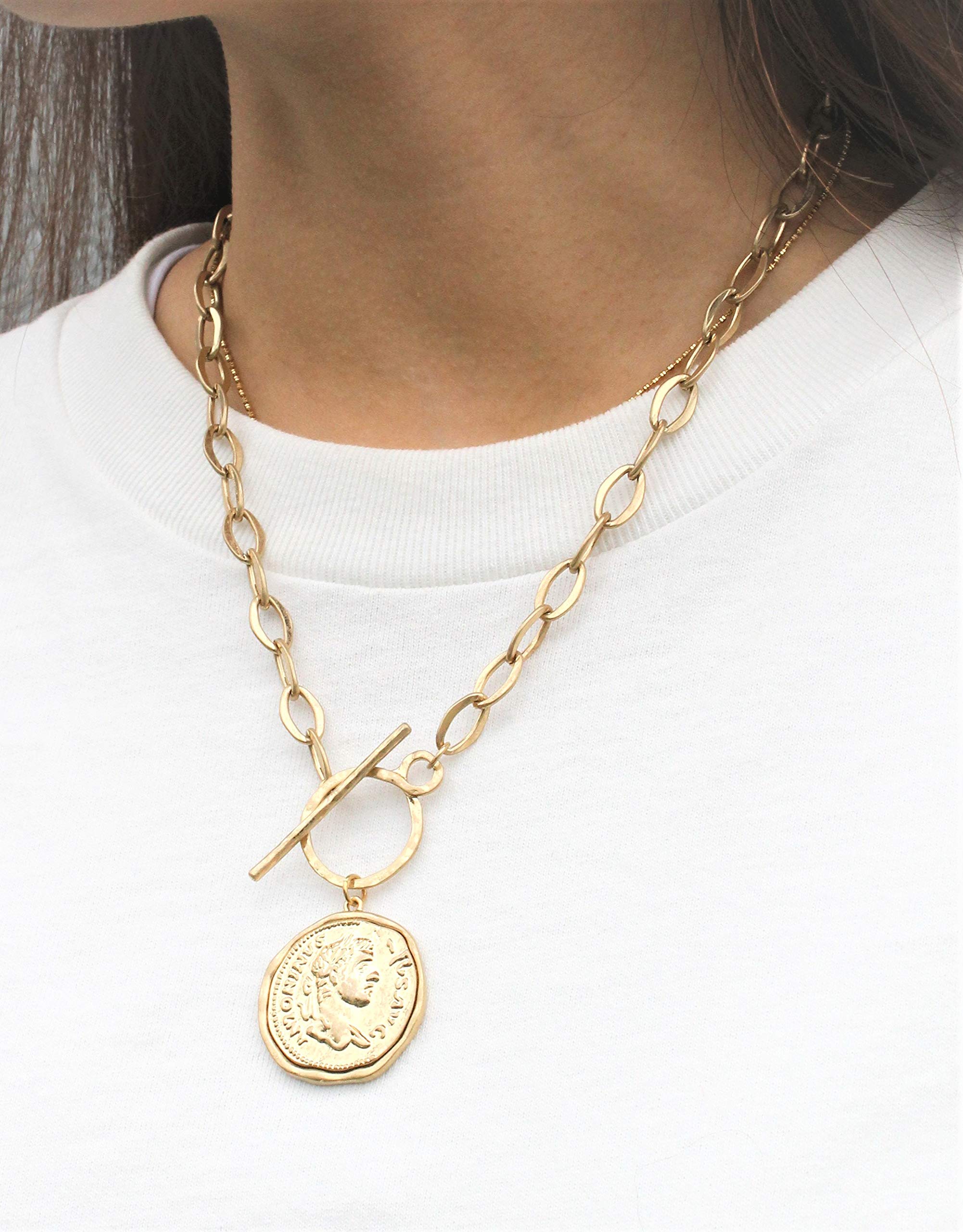 POMINA Chunky Gold Coin Necklace Trendy Fashion Statement Toggle Necklace Antique Gold Pendant Thick Link Chain Necklaces for Women (Worn Gold)