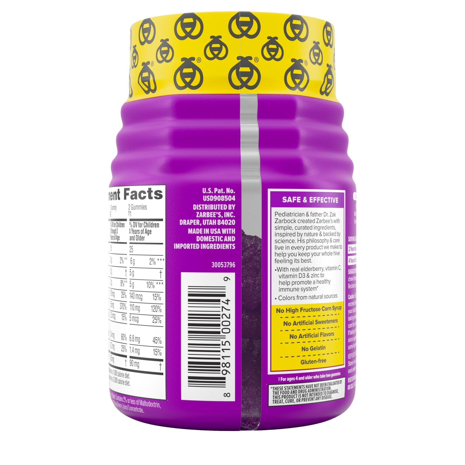 Zarbee’s Kids Elderberry Immune Support Supplement Gummies, Vitamins A C D3 E & Zinc, Elderberry Extract, Gluten & Gelatin Free, No Artificial Flavors, Natural Berry Flavor, Ages 2+, 42 Ct