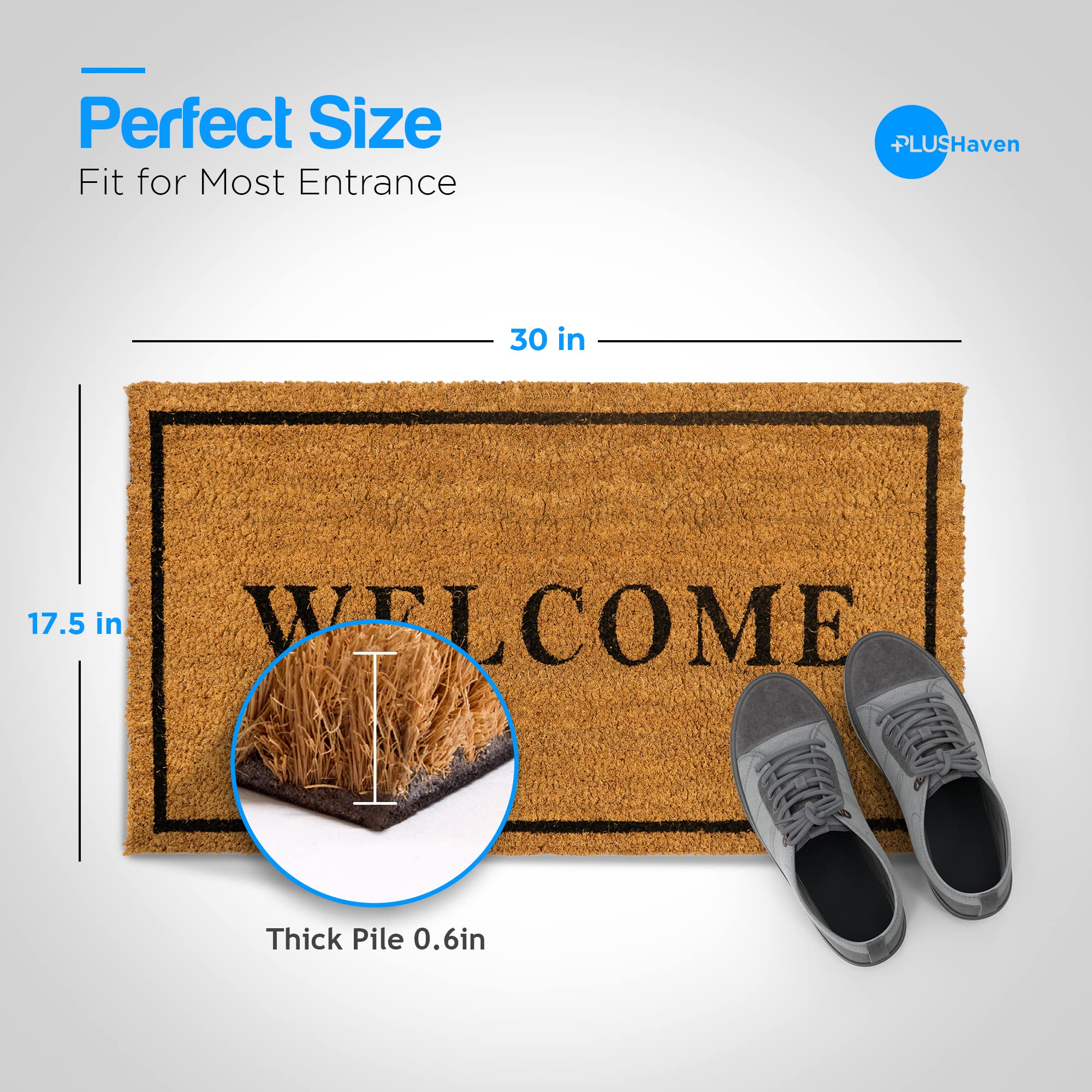 PLUS Haven Coco Coir Door Mat with Heavy Duty Backing, Welcome Doormat, 17.5”x30” Size, Easy to Clean Entry Mat, Beautiful Color and Sizing for Outdoor and Indoor uses, Home Décor