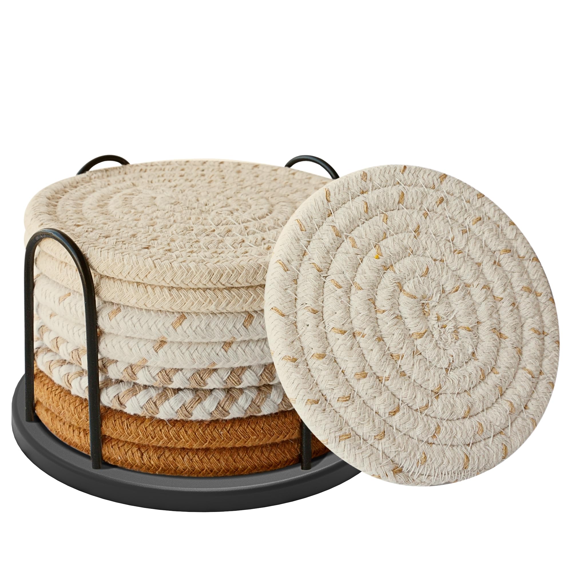 Lazebox Coasters Set of 8 for Drinks, Beer, Coffee, Cotton Woven 4 Colors Absorbent Coaster with Holder, Boho Coasters for Home Decor Tabletop Protection Suitable for Kinds of Cups, Coffee