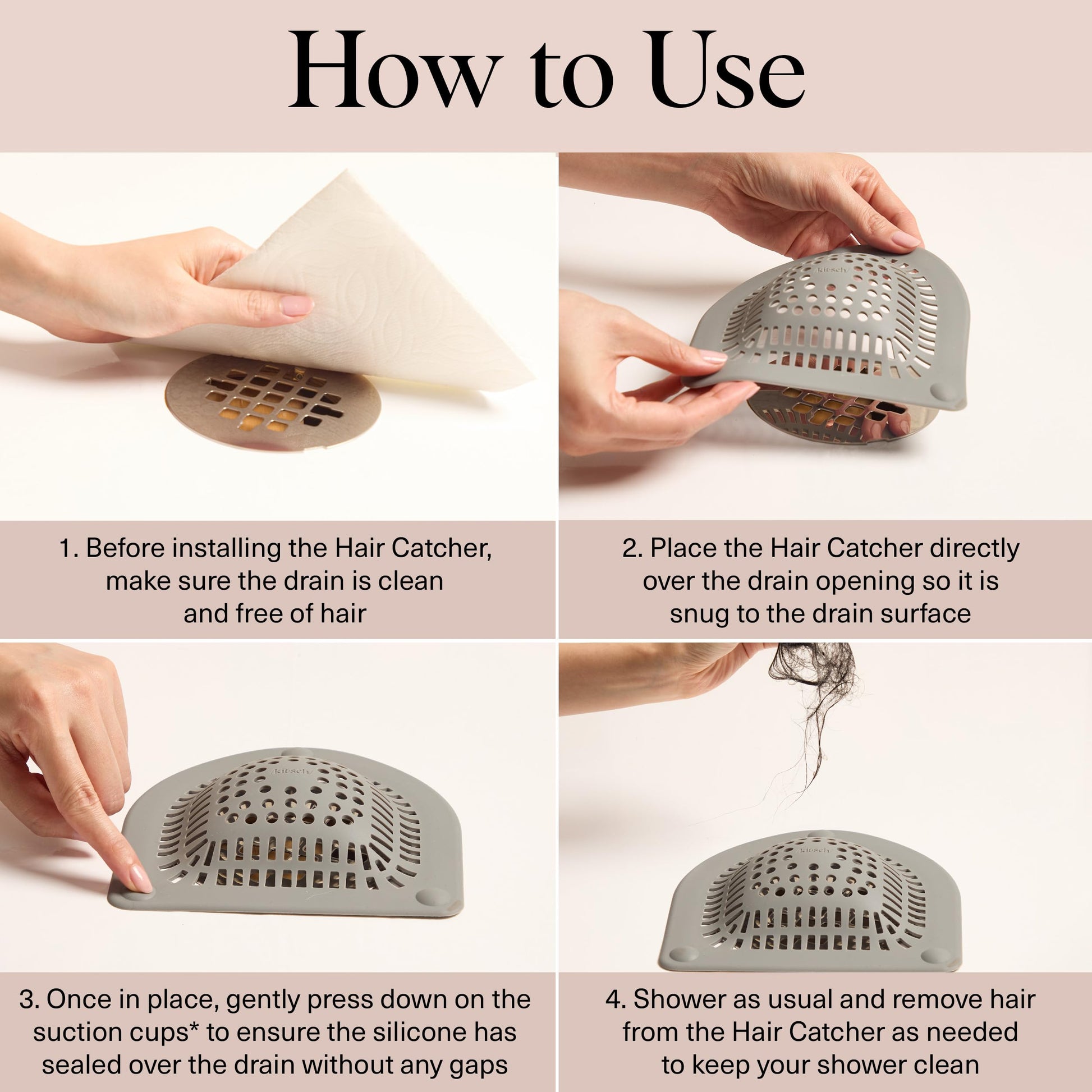 Kitsch Hair Catcher Shower Drain - Prevents Clogs, Drain Hair Catcher, Reduce Bathtub Odor, Anti-Clogging, Bathtub & Shower Cover, Durable & Easy to Clean, Made with Silicone, Universal Fit - Grey