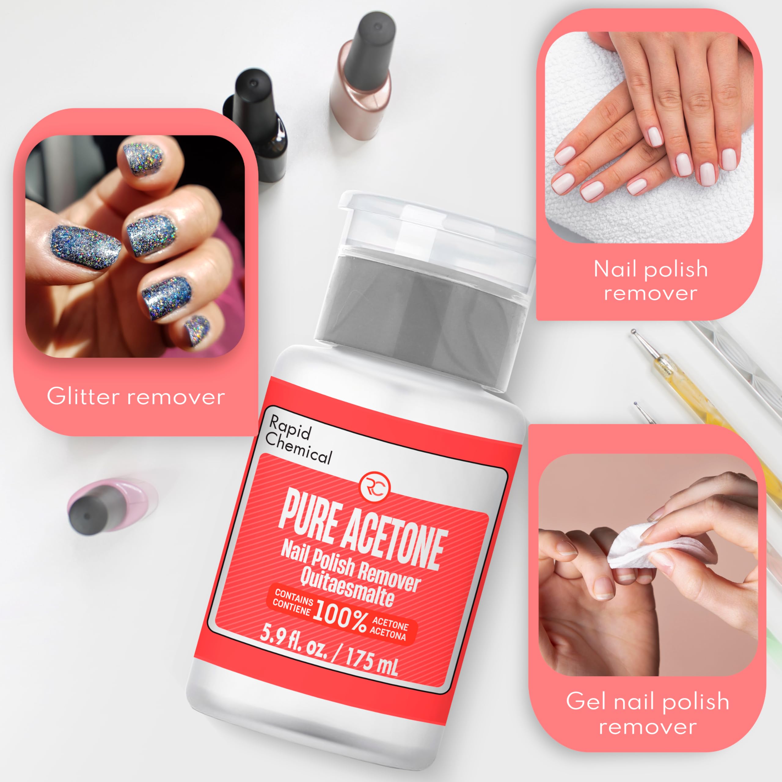 Pure Acetone 100 Percent Nail Polish Remover and Gel Nail Polish Remover With built-in Pump (175ml / 6 fl. oz) 100% Acetone