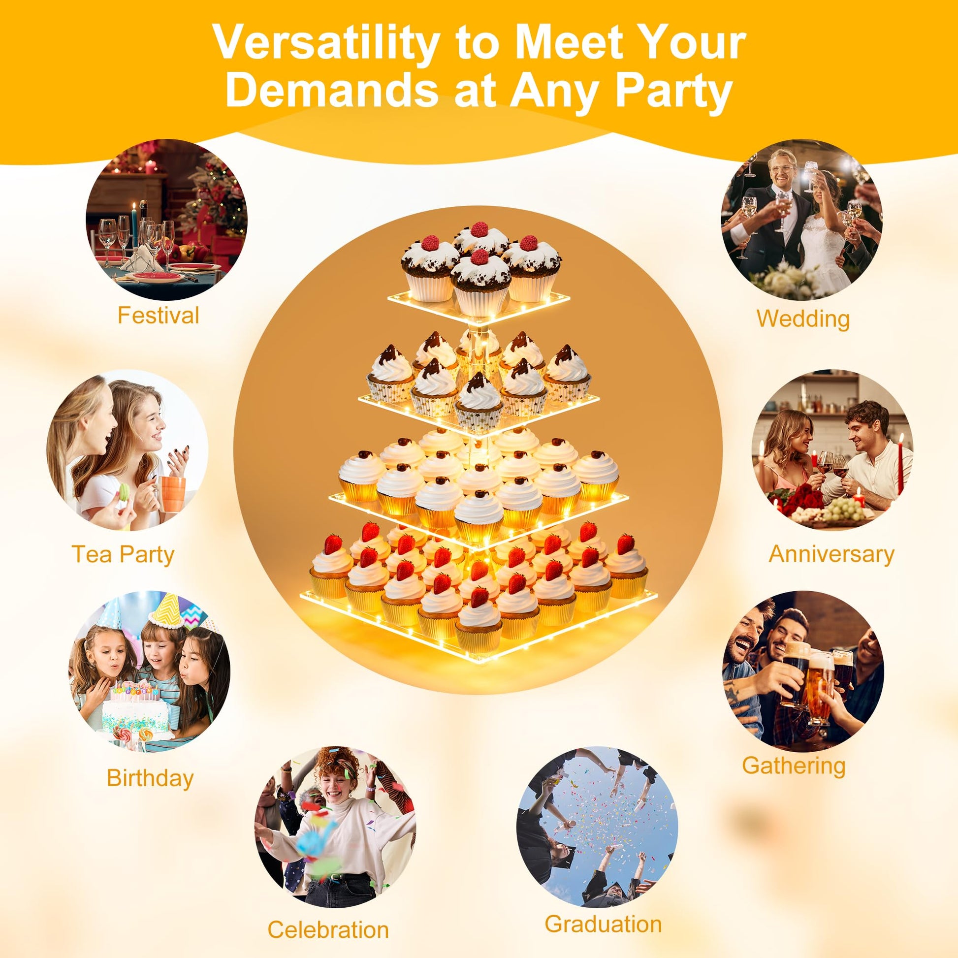 YestBuy 4 Tier Cupcake Stand Acrylic Tower Display with LED Light Premium Holder Dessert Tree Tower for Birthday Cady Bar Décor Weddings, Parties Events (Yellow Light)