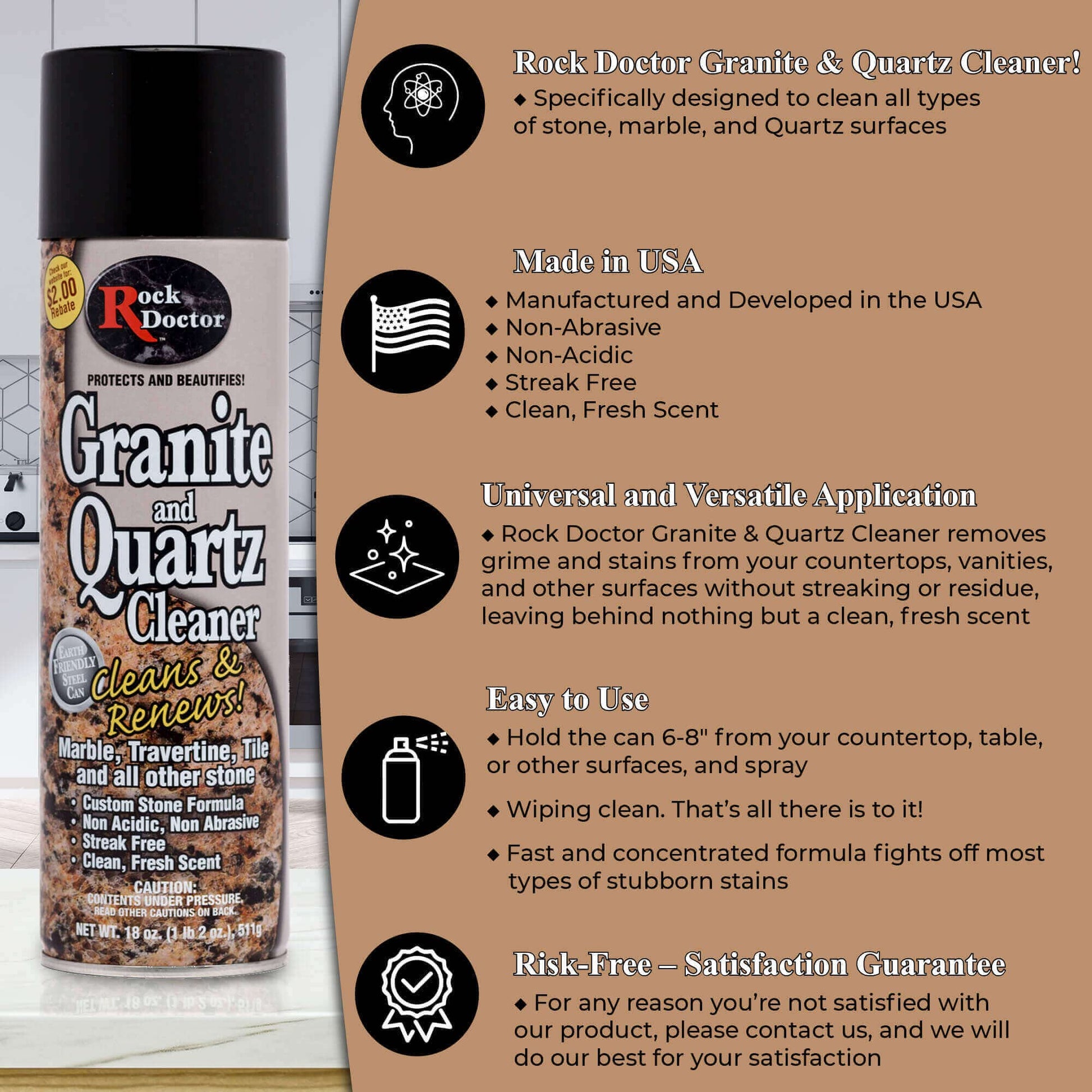 Rock Doctor Granite Cleaner, Cleans& Renews Surfaces, Granite/Marble Countertop Cleaner, Cleaning Spray for Vanity, Table Top, Kitchen Counters, Stone Surfaces 18 Fl Oz Pack of 2