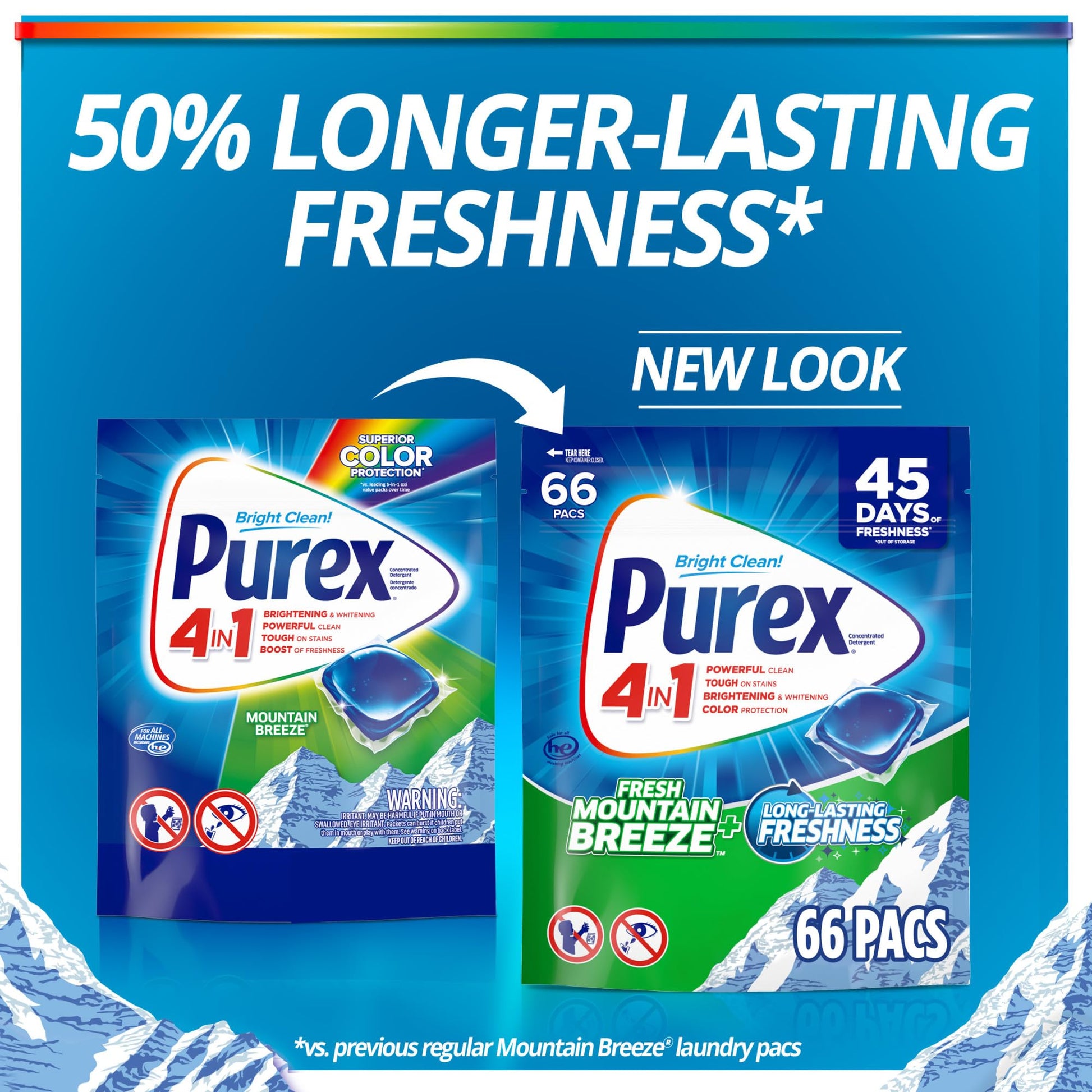 Purex 4-in-1 Laundry Detergent Pacs, Fresh Mountain Breeze, 66 Pacs