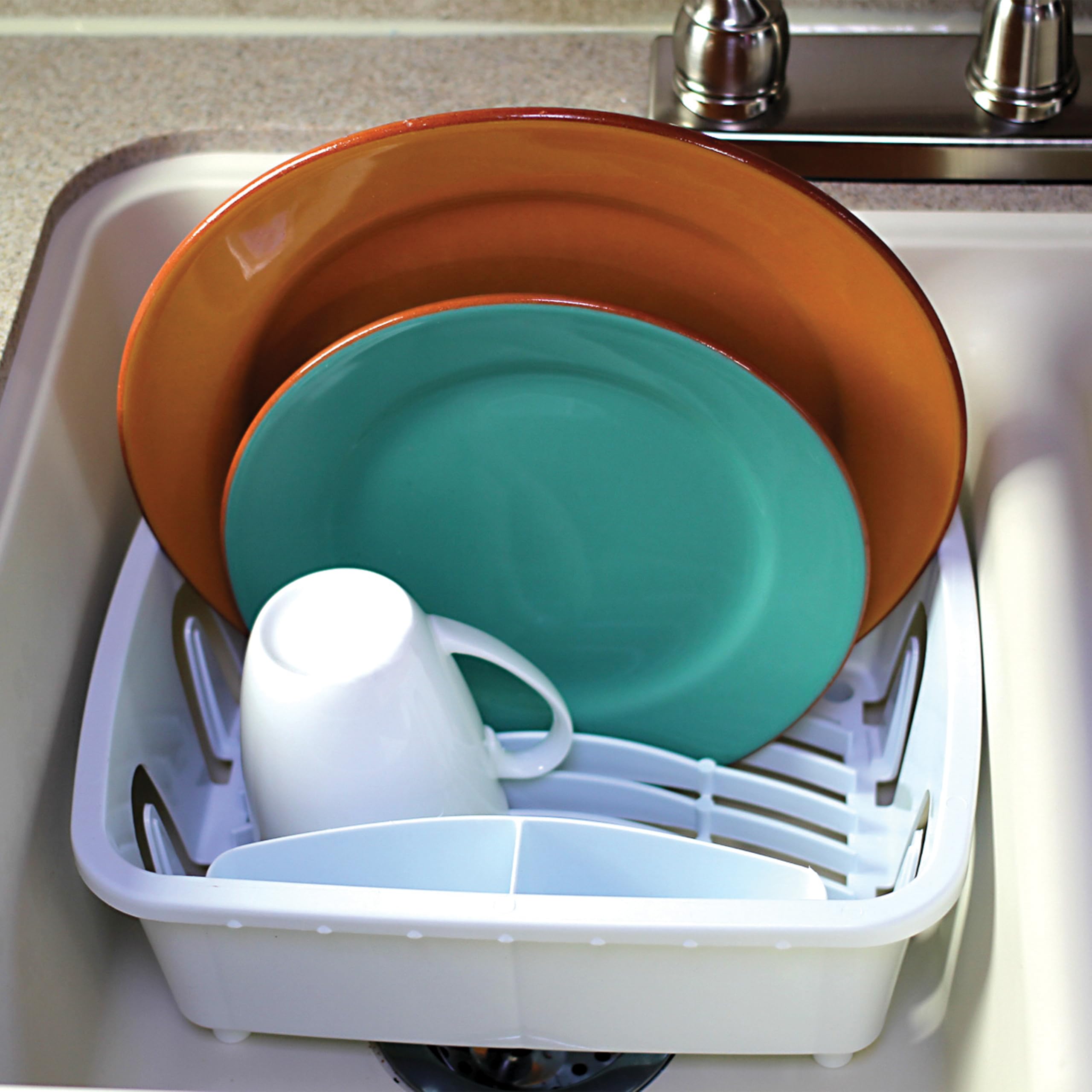 Camco RV Mini Dish Drainer & Tray - Features a Sloped Drain Tray Design, Heavy-Duty Construction, and is Ideal for Small Spaces, Apartments, Boats, and More - White (43511)