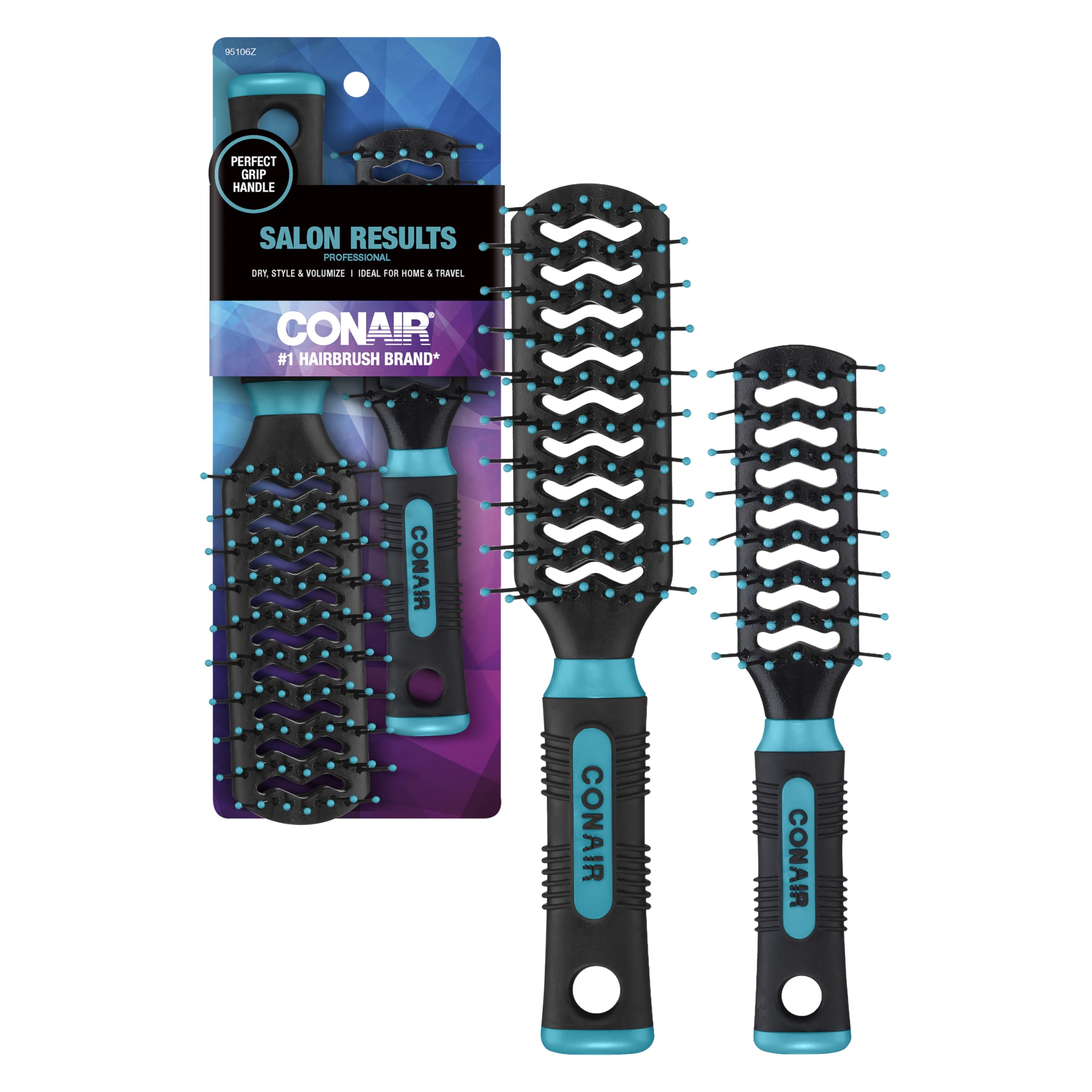 Conair Grip & Lift Vent Hairbrush 2PK, Full-Size and Mid-Size Brush Set, Nylon Bristle Hairbrushes for Blowout Styling, Value Pack