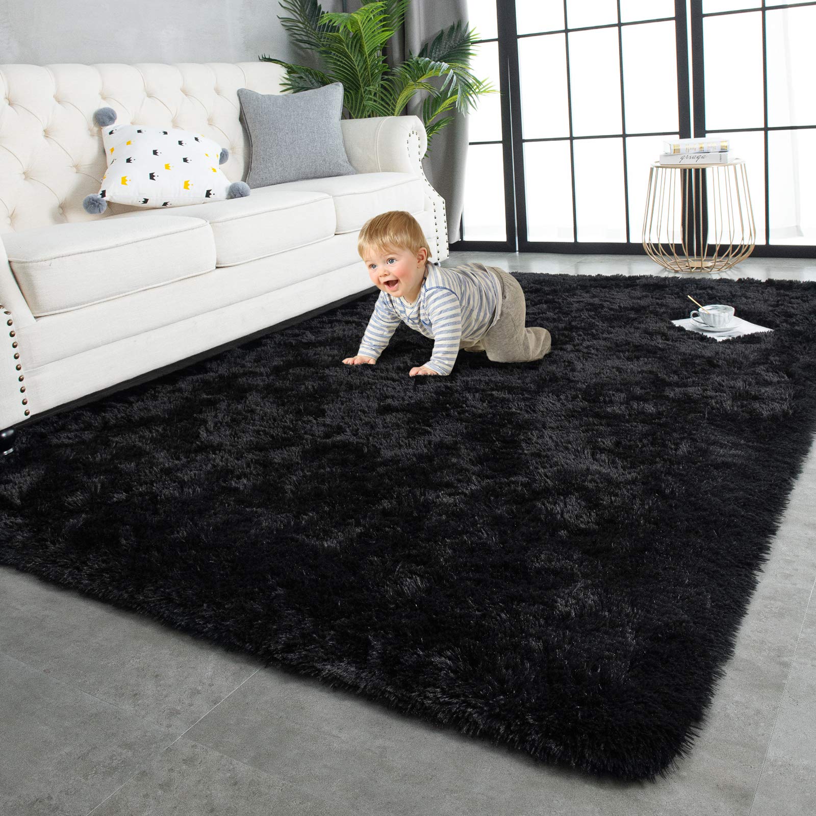 TWINNIS Superweiche Hochflor-Teppiche, flauschige Teppiche, 120 x 180 cm, moderne Plüschteppiche für drinnen, für Wohnzimmer, Schlafzimmer, Kinderzimmer, Babyzimmer, Heimdekoration, verbesserter rutschfester rechteckiger flauschiger Teppich, Schwarz