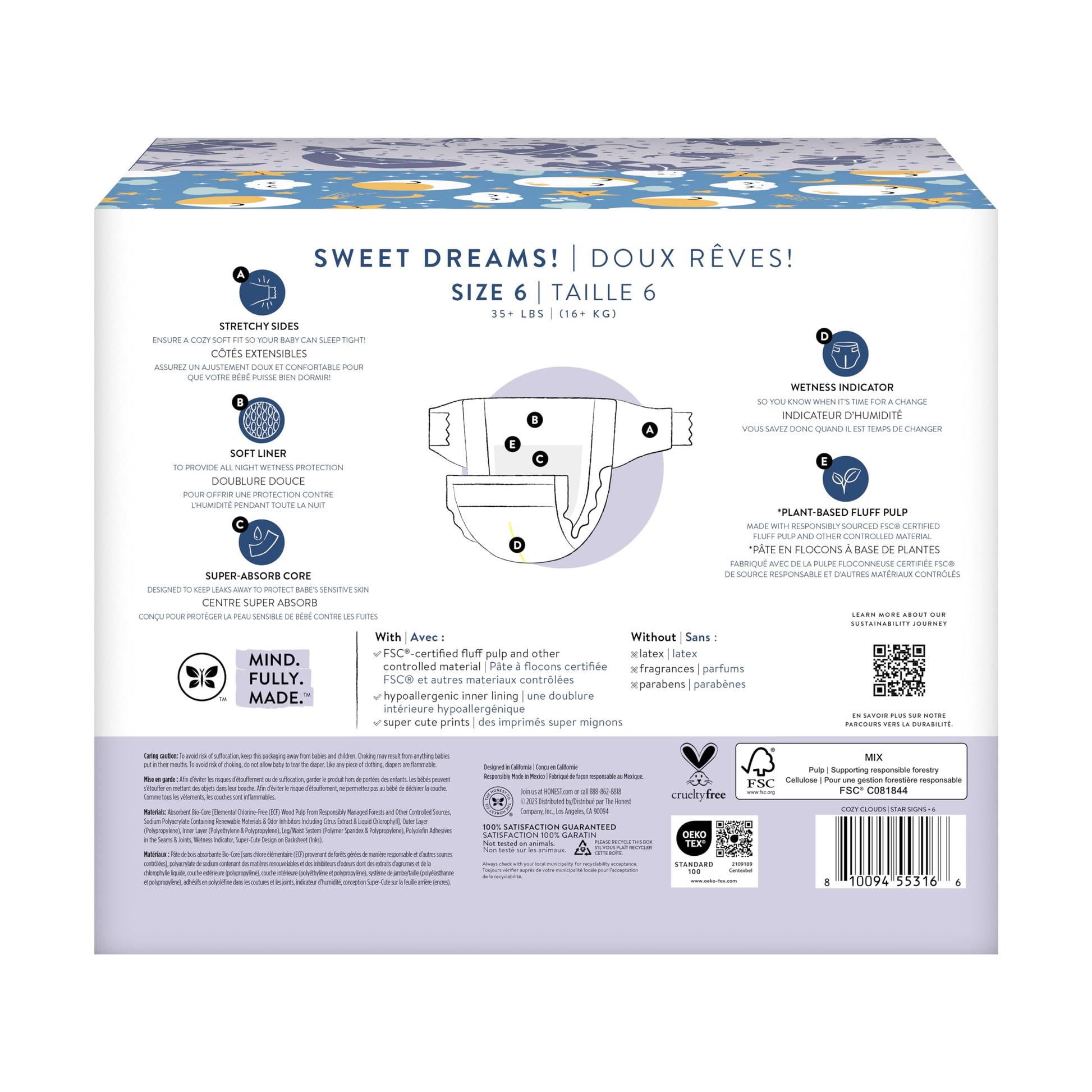 The Honest Company Clean Conscious Overnight Diapers for Sensitive Skin | Hypoallergenic, Fragrance Free | Cozy Cloud + Star Signs | Club Box, Size 6 (35+ lbs), 34 Count