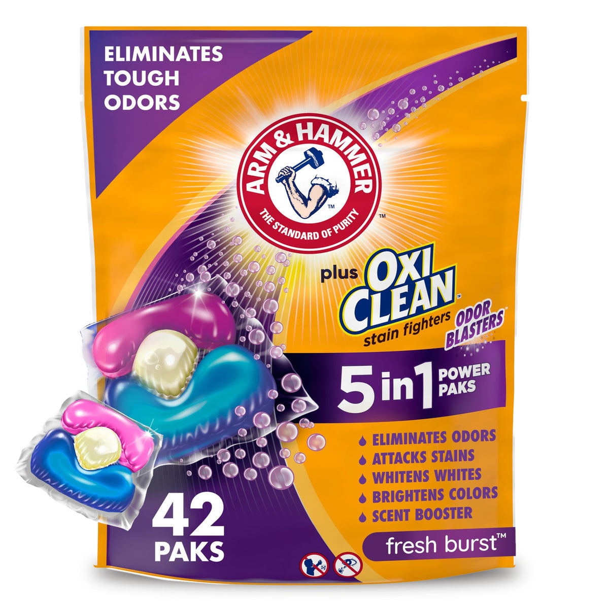 ARM & HAMMER Plus OxiClean مع مزيل الروائح الكريهة 5 في 1 منعم الأقمشة باور باكس، مزيل الروائح الكريهة من الغسيل، يزيل الروائح، يهاجم البقع، برائحة منعشة، 42 حبة