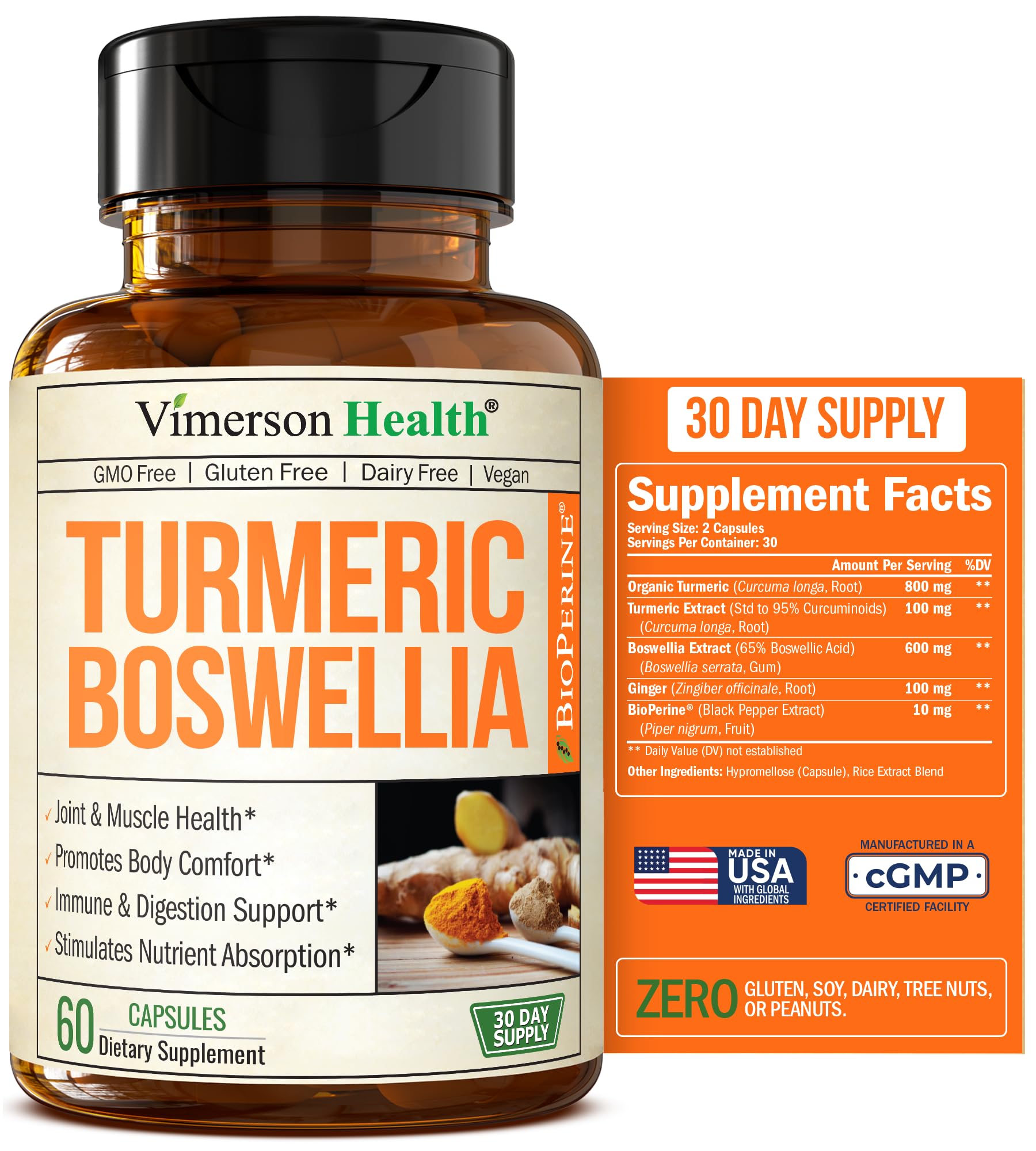 Turmeric Curcumin Supplement with Boswellia Serrata, Ginger Root, Organic Turmeric Powder & Black Pepper - 95% Curcuminoids Turmeric Supplement with Boswellia Extract - 60 Gluten Free Tumeric Capsules