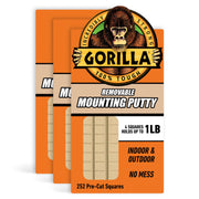 Gorilla Mounting Putty, Natural Tan Color, 84 Pre-Cut Squares (Pack of 3) - Non-Toxic Removable & Repositionable Wall Putty