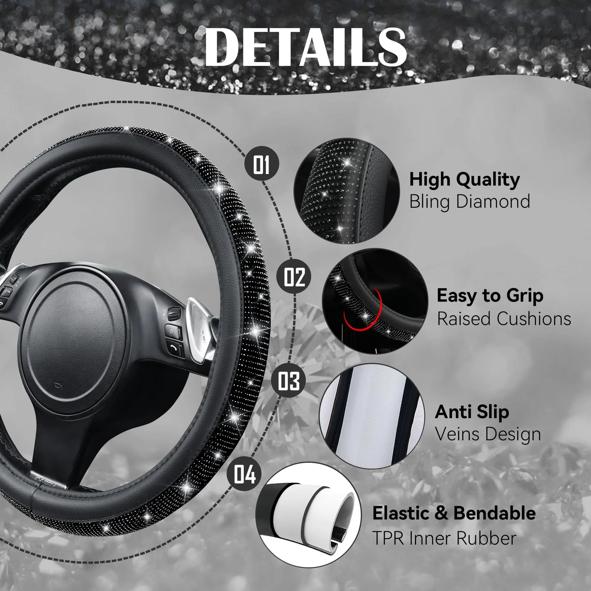 CAR PASS Bling Diamond Leather Steering Wheel Cover, With Sparkly Crystal Glitter Rhinestones Universal Fit 14"1/2-15" Car Wheel Protector for Women Girl Fit Suvs,Vans,Sedans,Car,Trucks, Black Diamond
