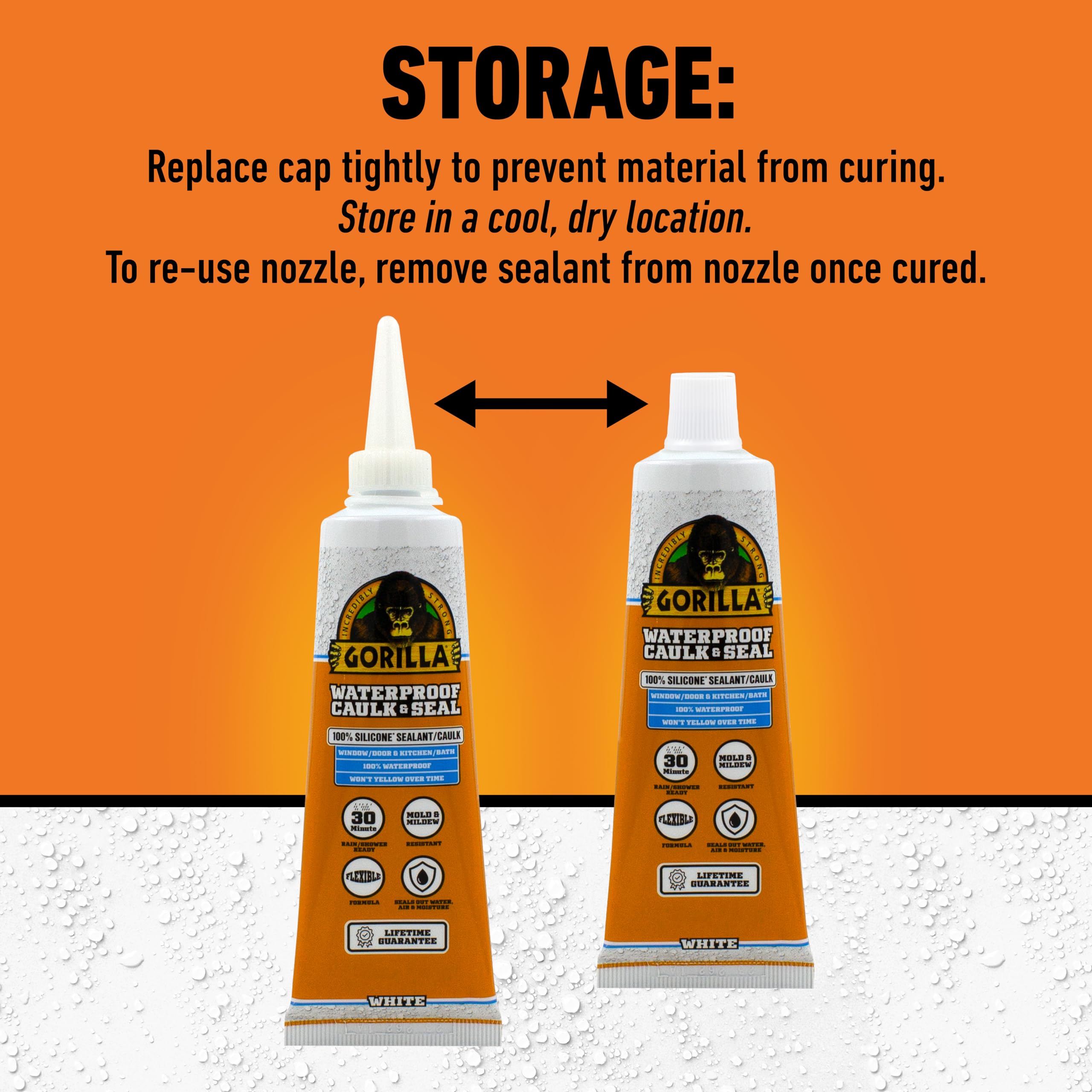 Gorilla 100% Silicone Caulk, Waterproof Sealant, 2.8oz Squeeze Tube (Pack of 2) – White -10 Year Mold Resistant Kitchen, Window, Bath, Marine, Door and More