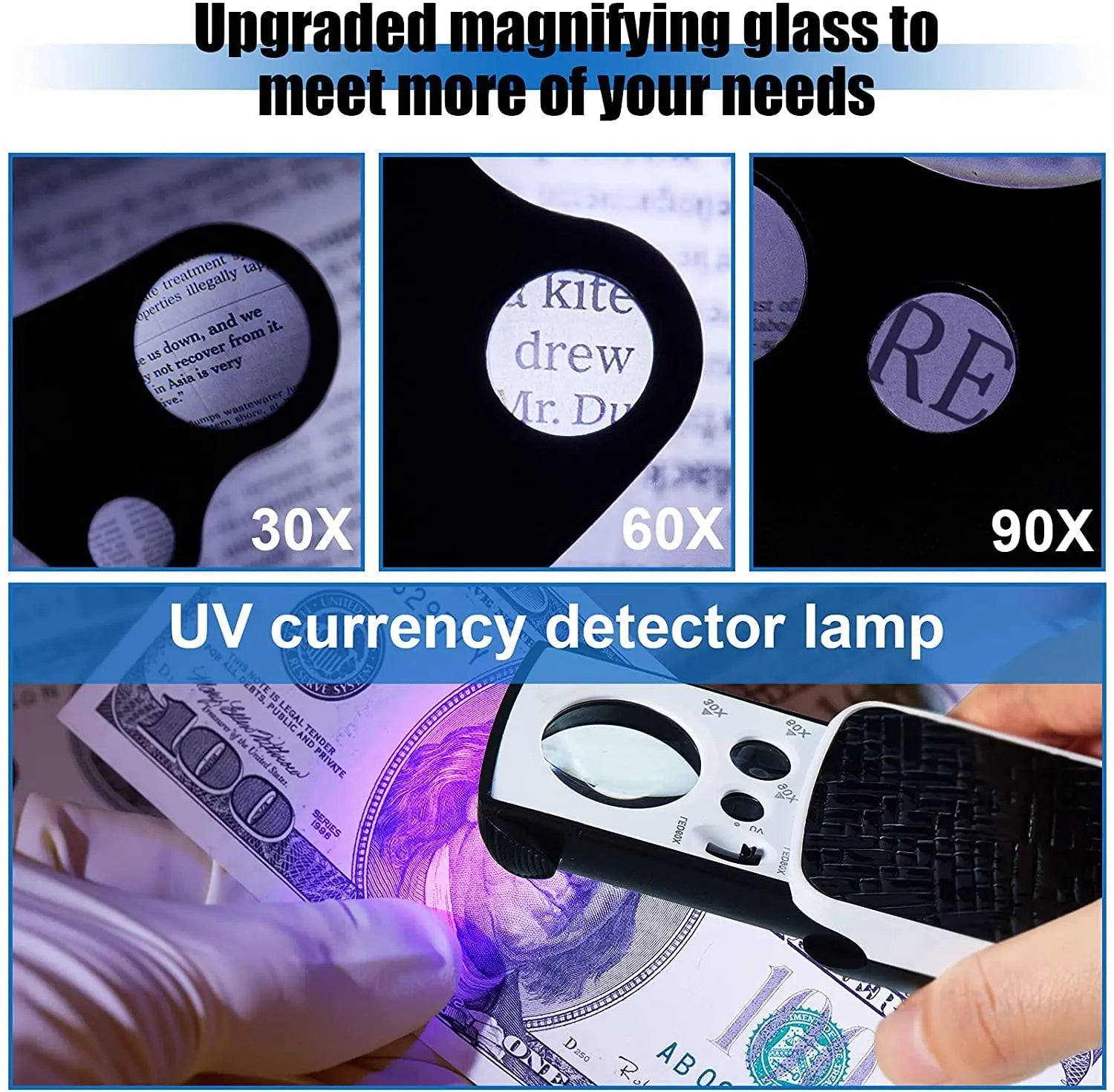 HMKIS Jewelers Loupe, 2 Pack Magnifying Glass with Light, 30X 60X 90X Jewelers Loop Magnification with 20 Backup Batteries for Coin, Diamonds, Gems, Jewelry, Stamps Close Work
