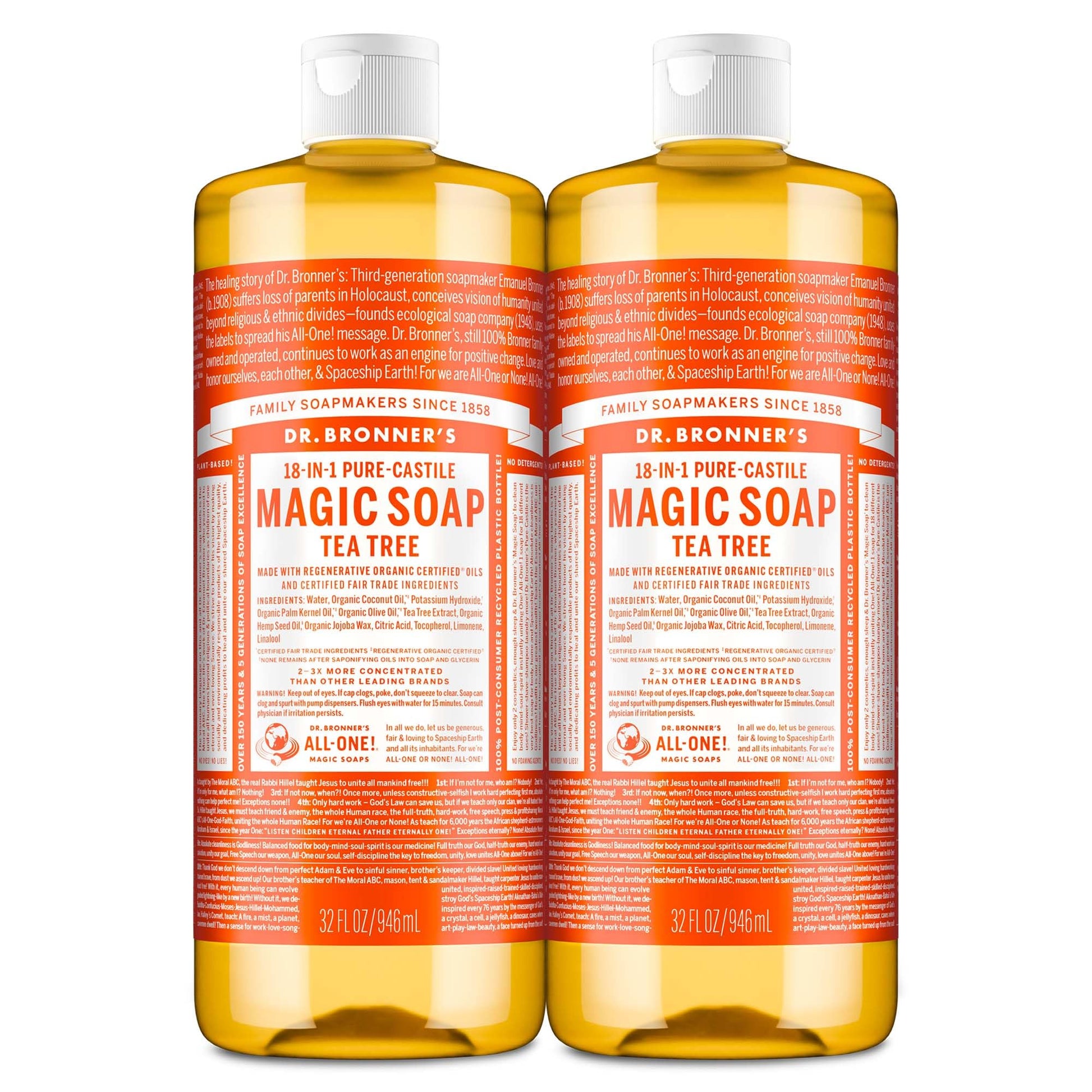 Dr. Bronner's Pure-Castile Magic Soap Liquid (Tea Tree, 32 ounce, 2-Pack) - Made with Regenerative Organic Certified Oils, 18-in-1 Uses: Body, Hair, Laundry & Dishes, Concentrated, Vegan, Non-GMO