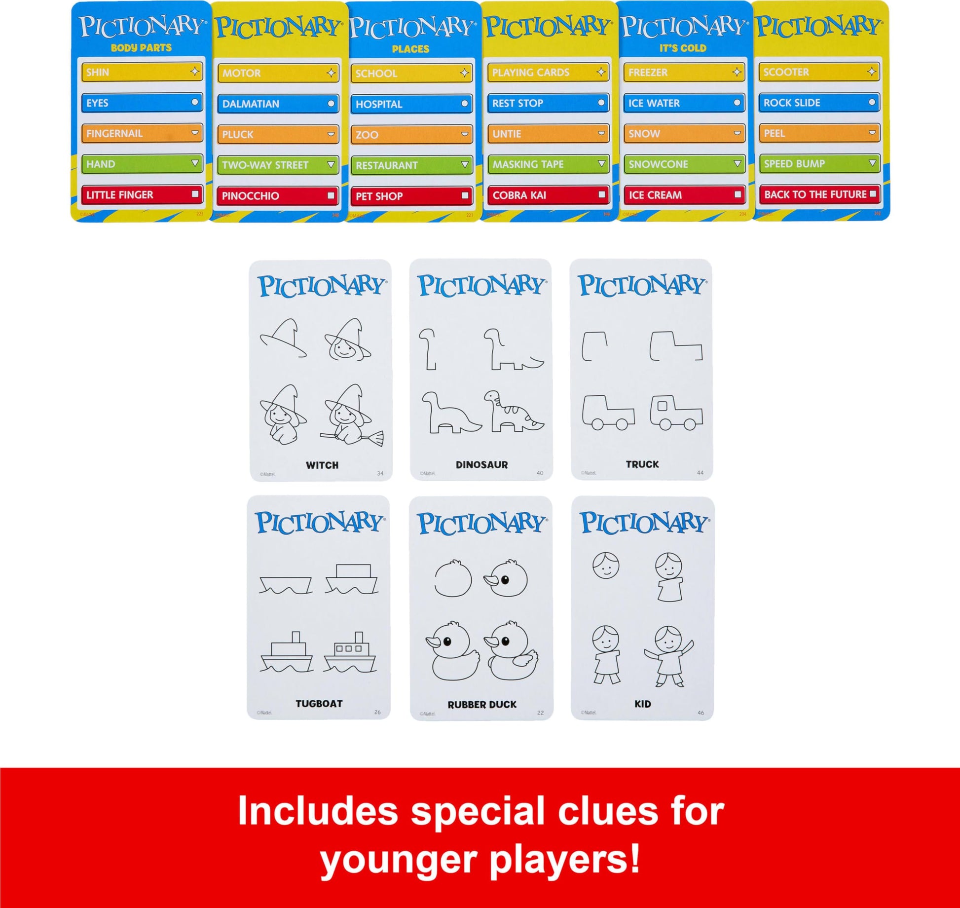 Mattel Games Pictionary Family Board Game for Kids, Adults and Game Night for 2 Teams with Erasable Markers, Boards and Sand Timer