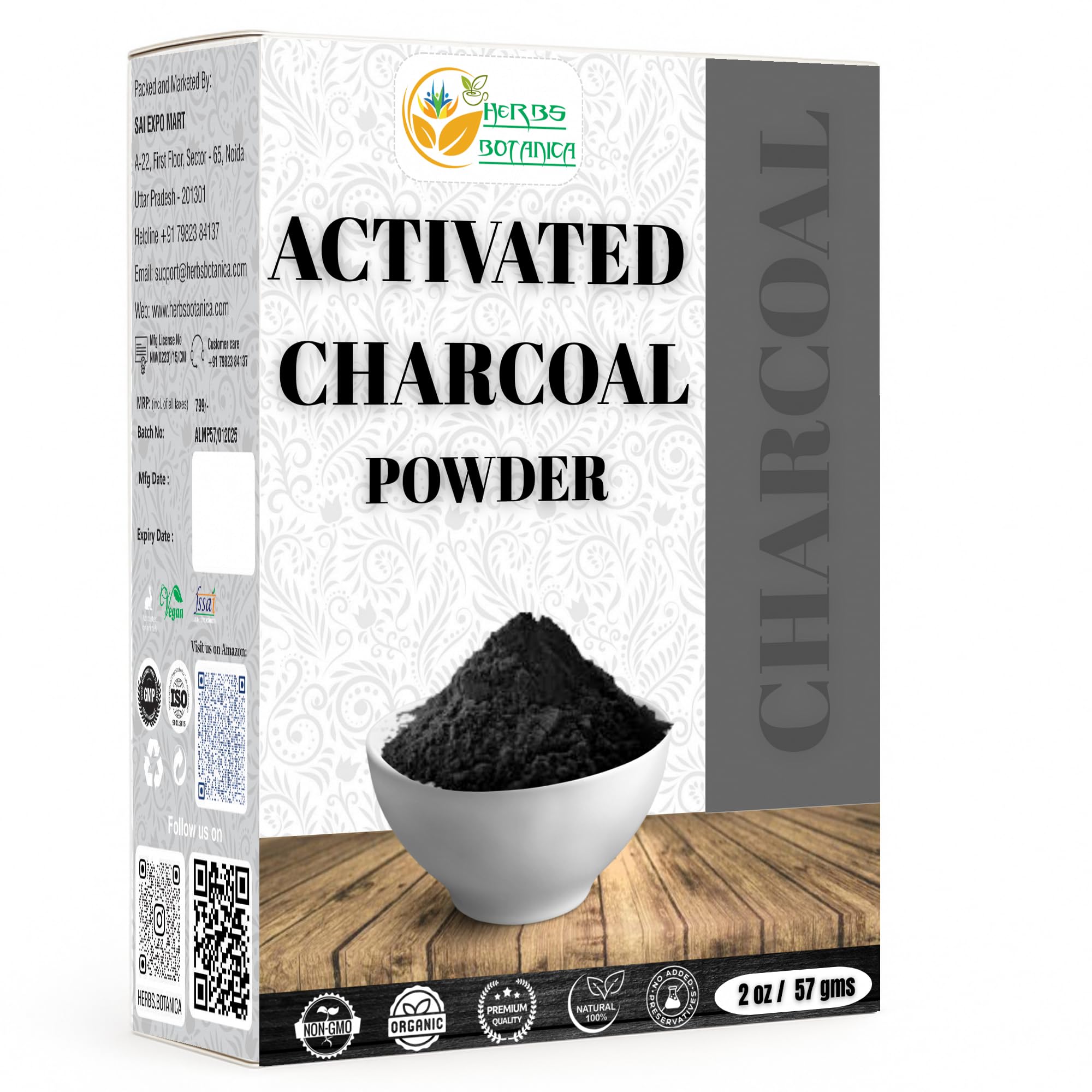Herbs Botanica Activated Charcoal Powder 100% Food Grade Bamboo Charcoal Powder for Baking, Soap Making, Face Masks & DIY Skincare Fine for Multiple Uses 2 oz