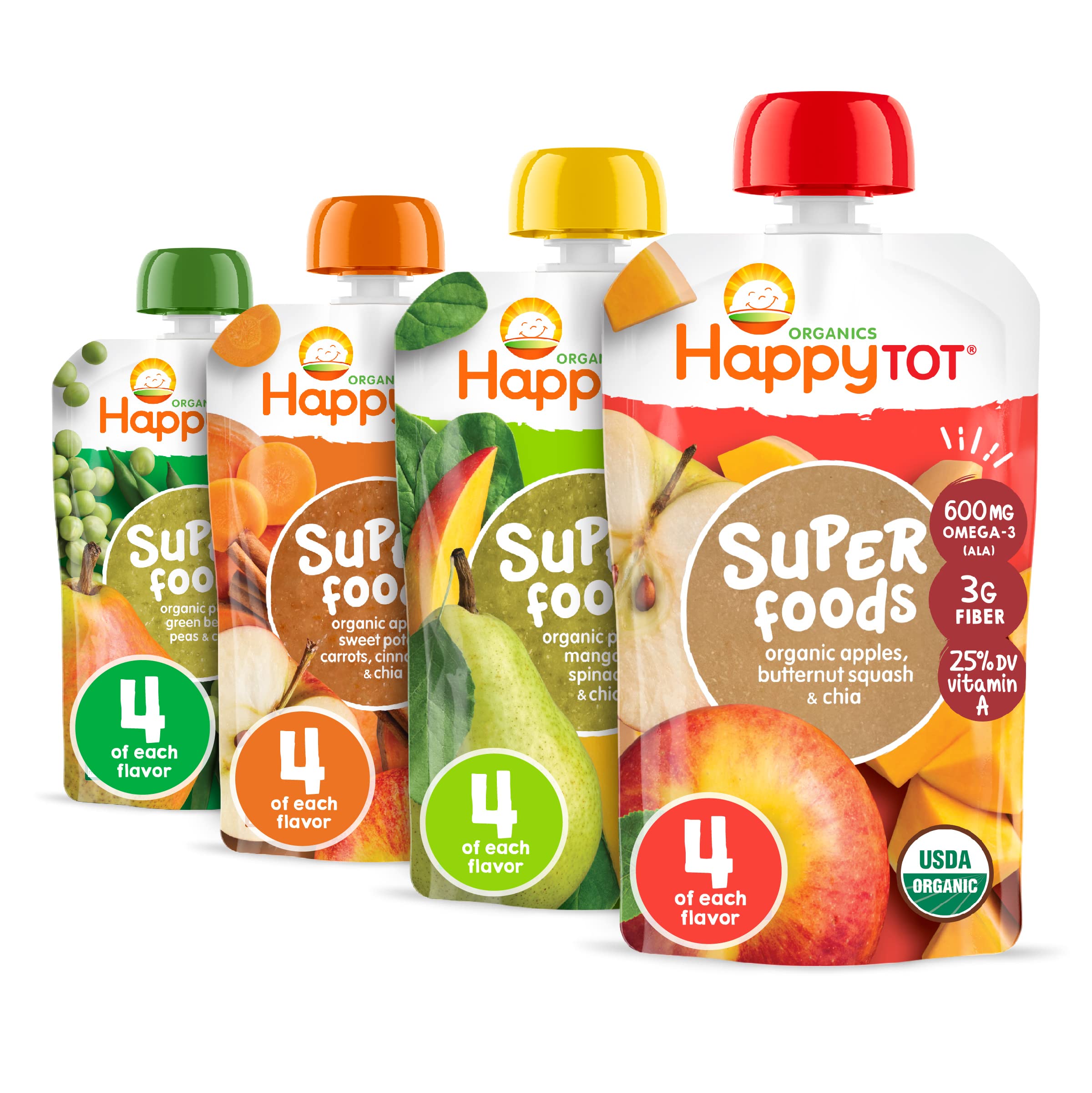 Happy Tot Organics Stage 4 Baby Food Pouches, Gluten Free, Vegan Snack, SuperFoods Fruit & Veggie Puree & Chia Variety Pack, 4.22 Ounce (Pack of 16), Exclusive
