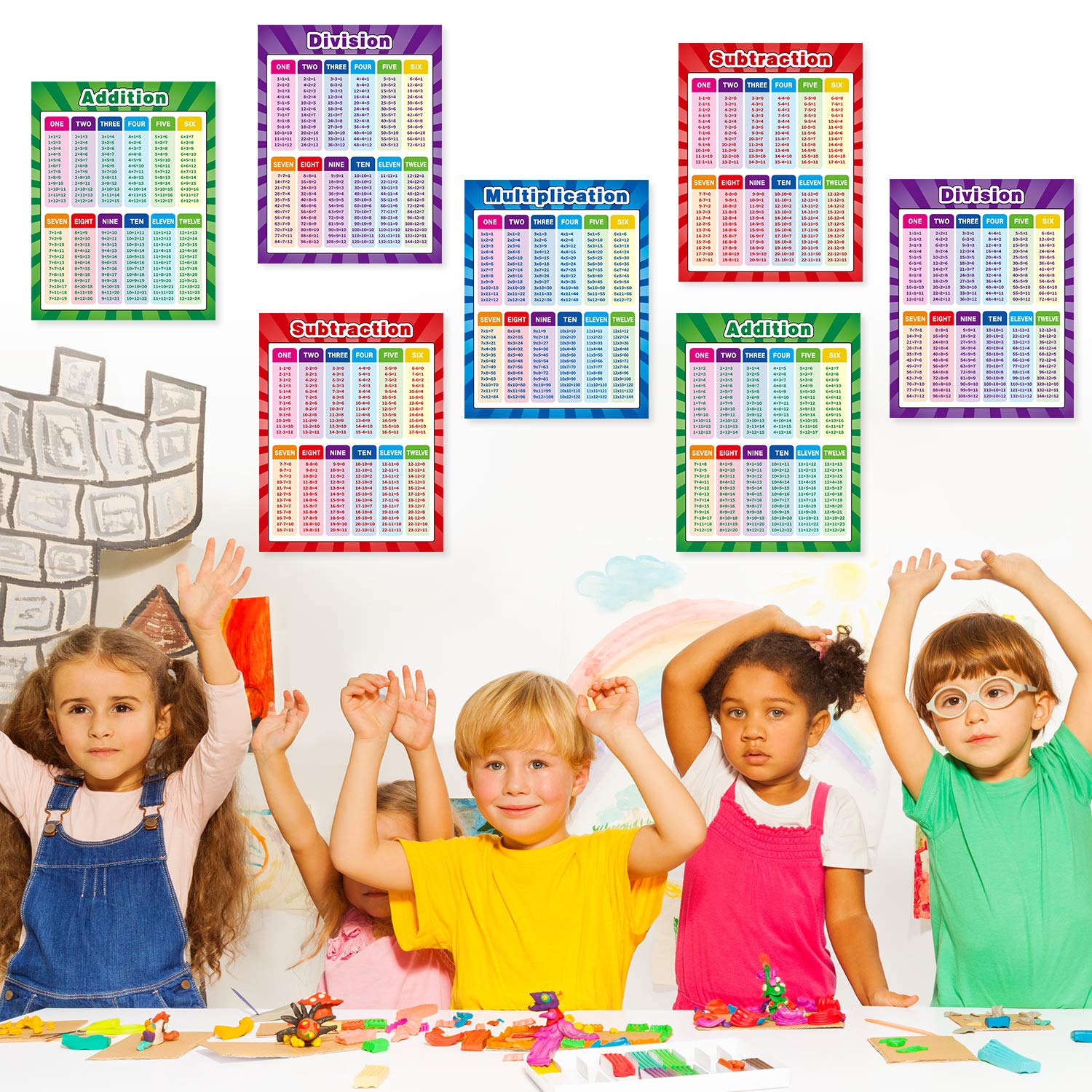 4 Pack Extra Large Educational Math Posters, Multiplication Chart Times Tables Chart 17 x 22 Inch Division Addition Subtraction Posters for Kids, Elementary Middle School Classroom