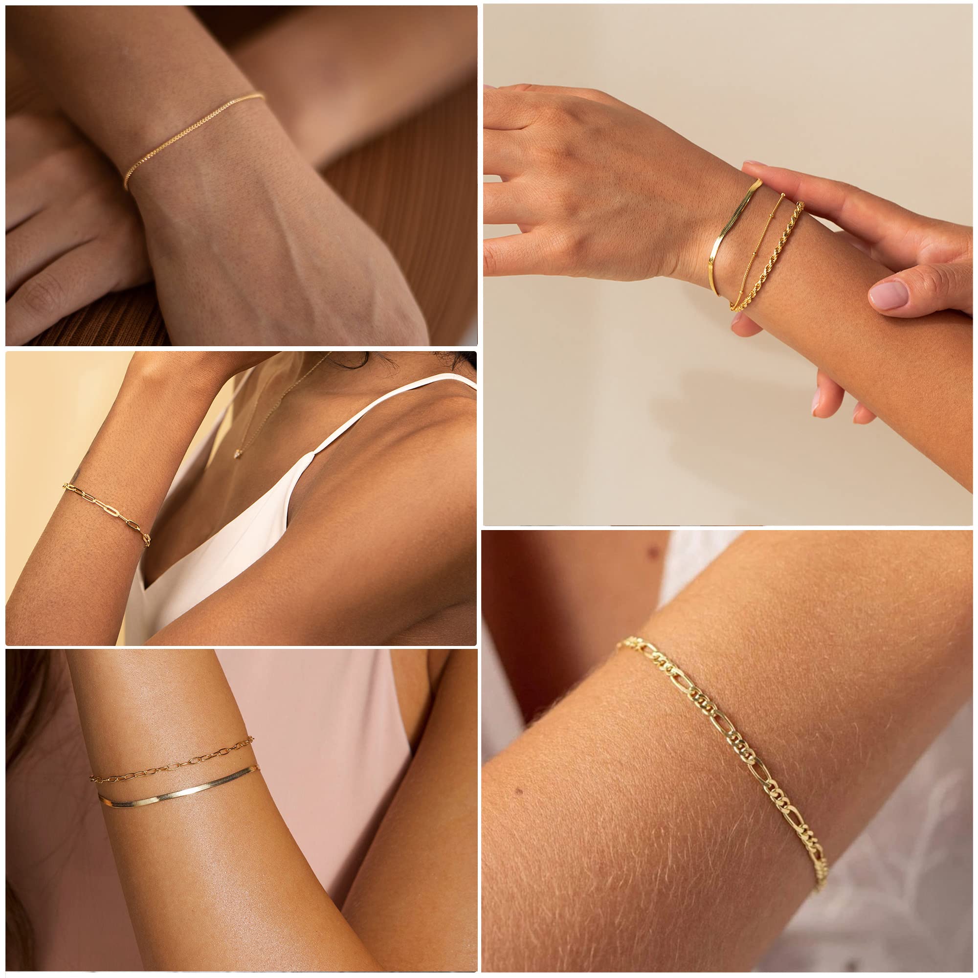DEARMAY Gold Bracelets for Women 14K Real Gold Plated Jewelry Sets Stack Trendy Dainty Stackable Paperclip Rope Snake Box Figaro Chain Bracelets Pack Costume Fashion Filled Gifts