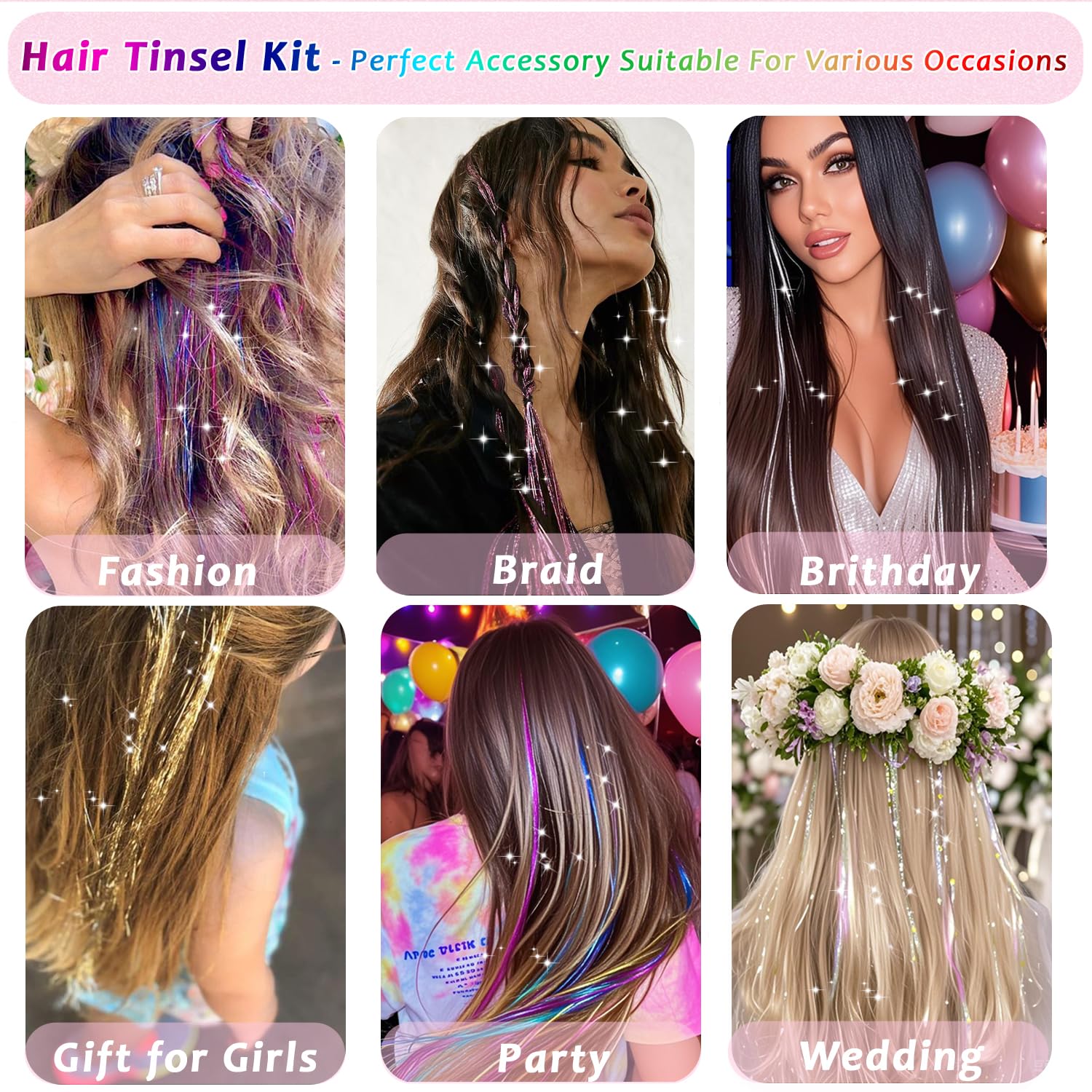 Aouuhe Hair Tinsel 24 Colors 7800 Strands Hair Tinsel Kit with Tools 48 Inch Glitter Tinsel Hair Extensions Festive Party Fairy Hair Tinsel Kit for Women Girls Hair Accessories