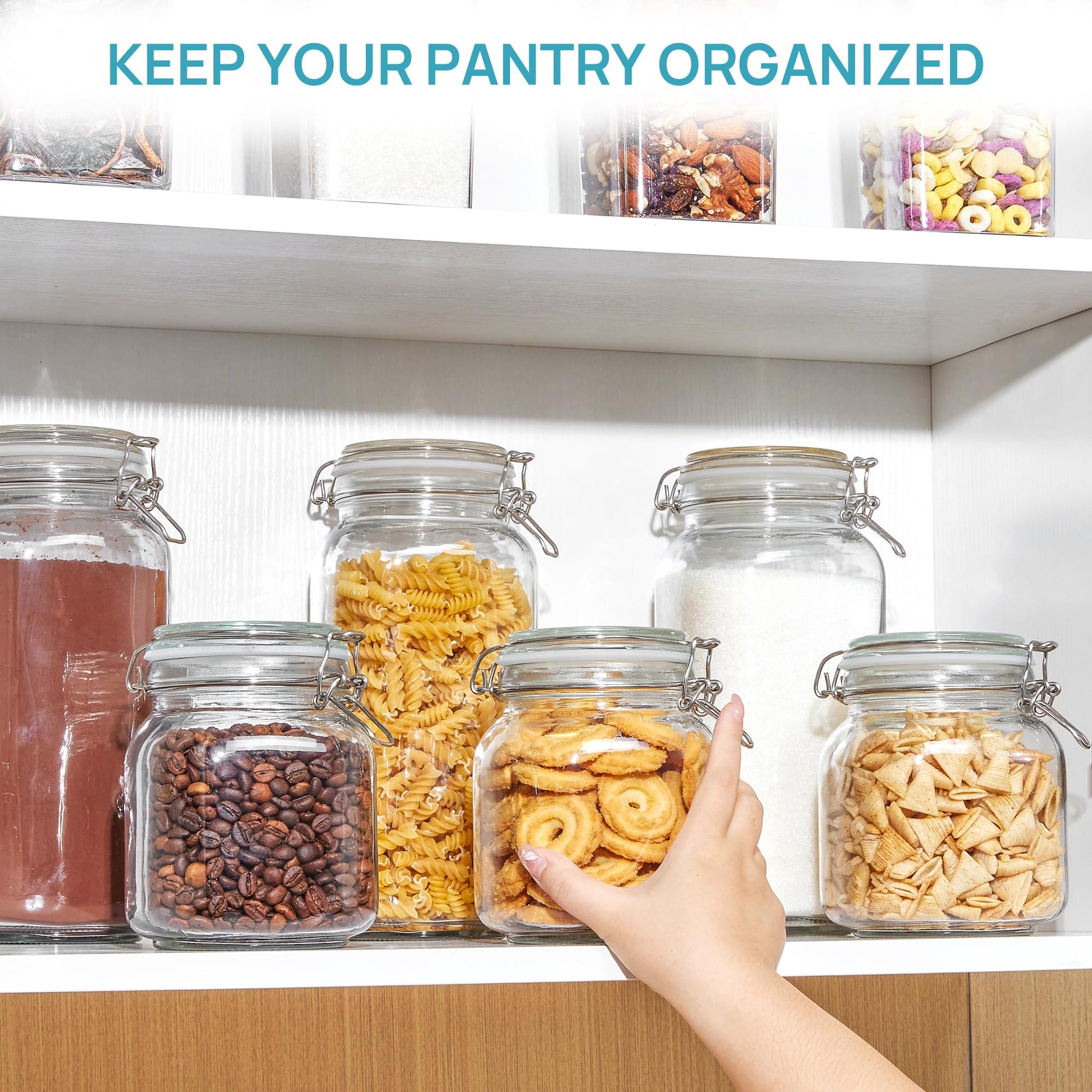 Vtopmart 78oz Glass Food Storage Jars with Airtight Clamp Lids, 3 Pack Large Kitchen Canisters for Flour, Cereal, Coffee, Pasta and Canning, Square Mason Jar with 8 Chalkboard Labels