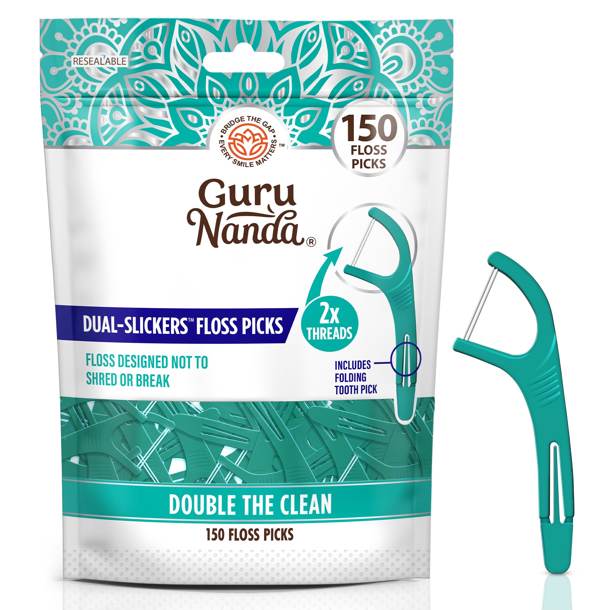 GuruNanda Dual Slickers Floss Picks - Double Threaded Dyneema Dental Floss with Foldable Toothpick for Effective Plaque Removal - Unflavored- 150 Ct