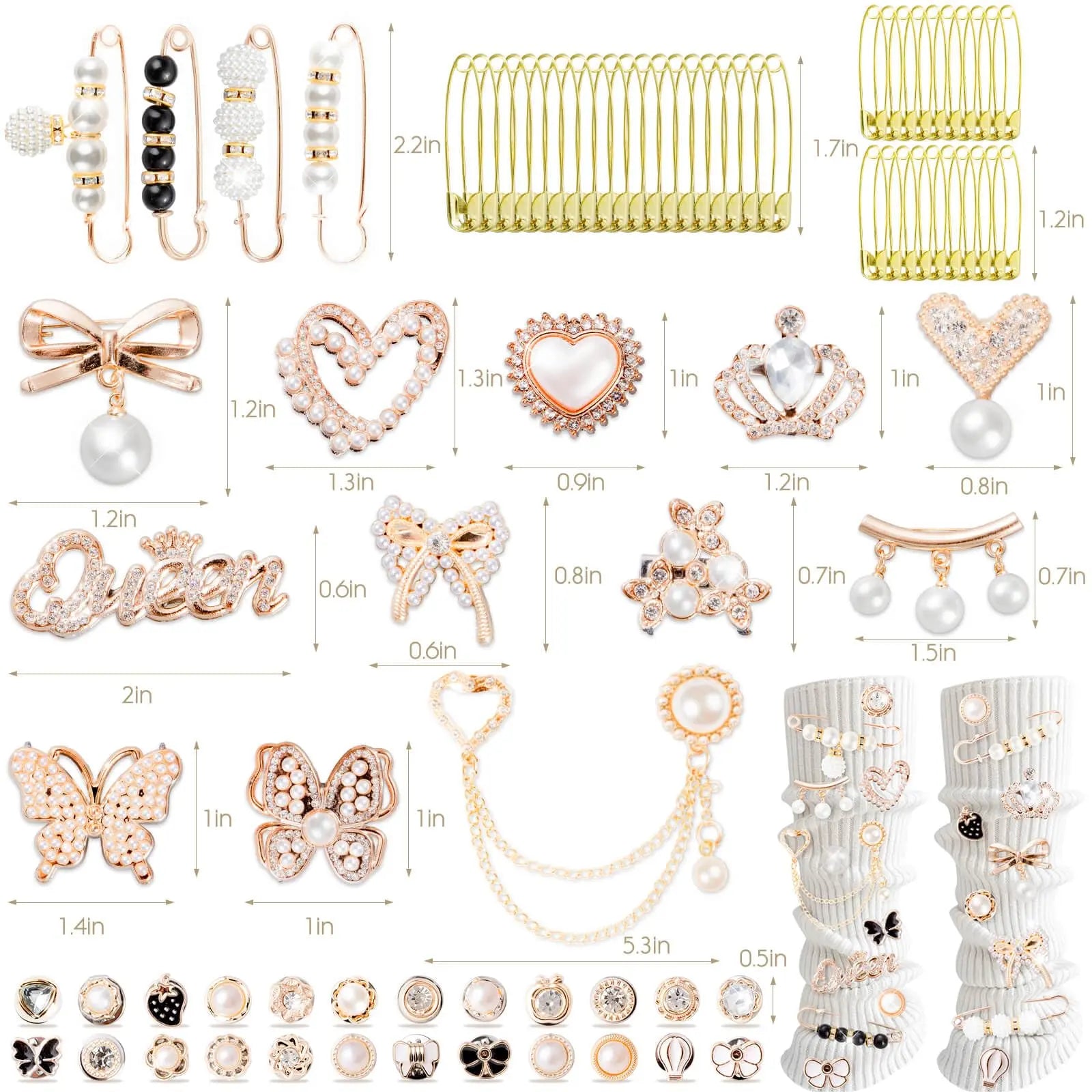 RQAYE 80pcs Junk Socks Charms Kit, Brooches and Pins for Women,Gold Shoe Charms,Shoe Charms for Sneakers, Safety Pin,Sock Charms Kit Bulk for Hat Clothes，Sock Jewelry Charms