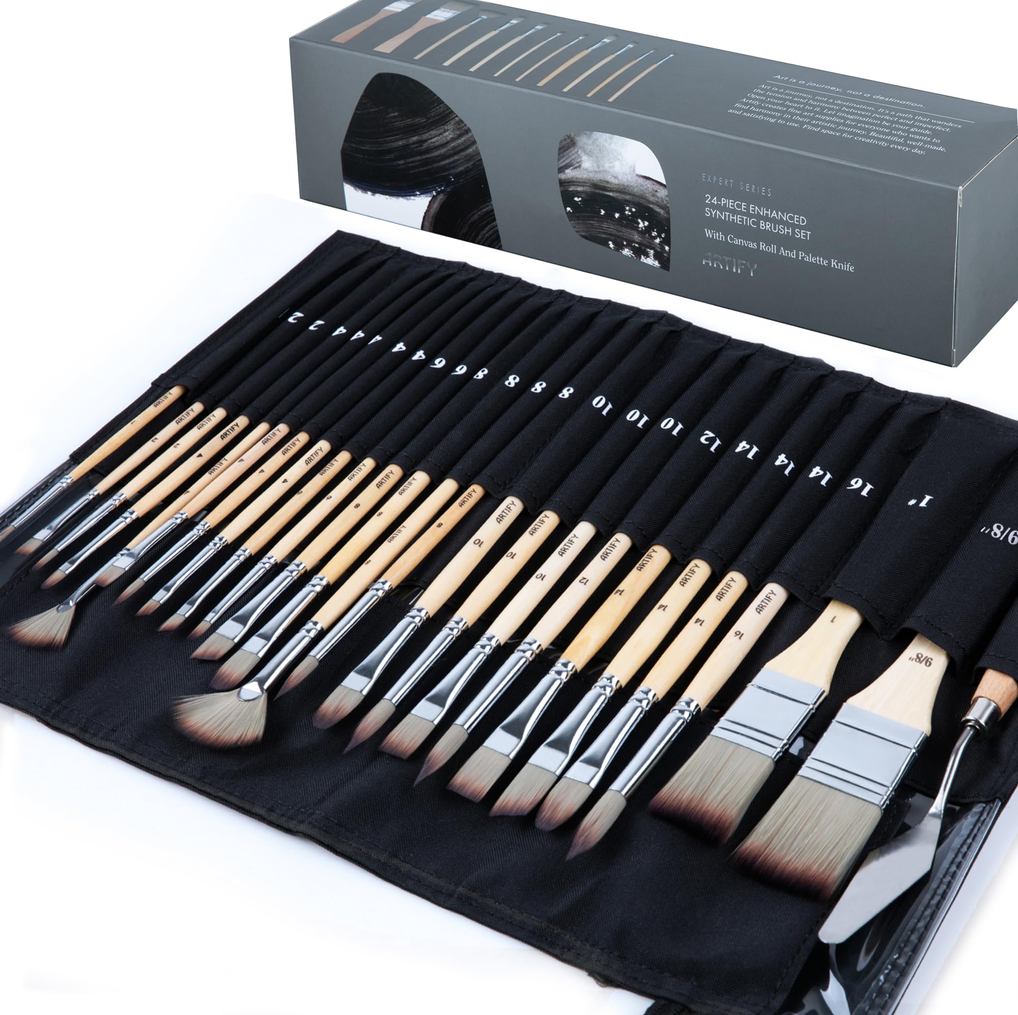 ARTIFY 25-teiliges Profi-Pinselset – Expert Series Synthetische Nylonpinsel für Acryl, Öl, Aquarell, Gouache – Kein Haaren, Canvas-Rolletui & Spachtel, Künstlergeschenke, Künstlerbedarf