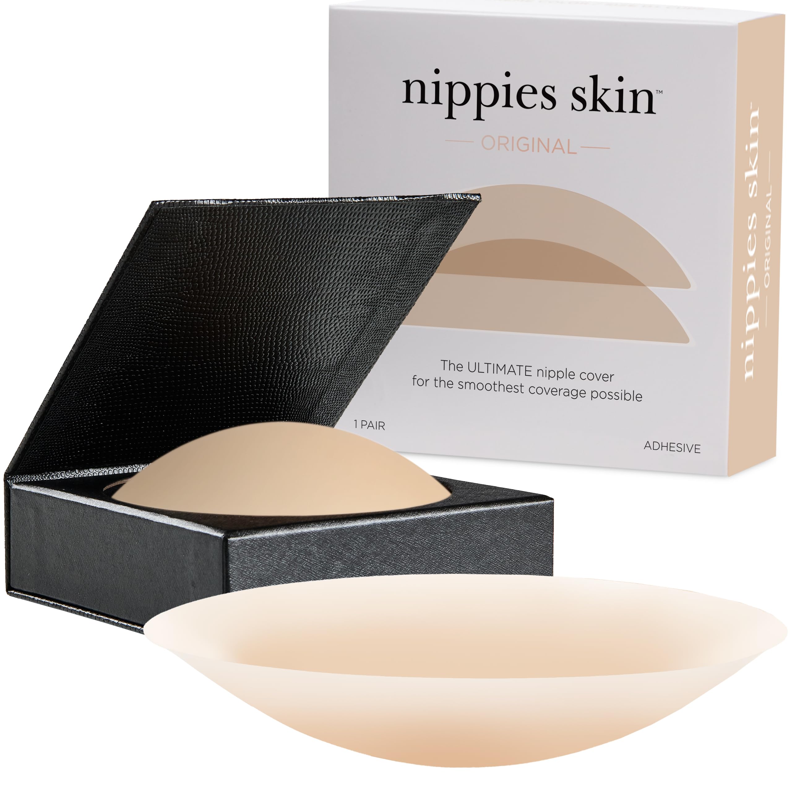 Nippies Nipple Cover - Sticky Adhesive Silicone Nipple Pasties - Reusable Pasty Nipple Covers for Women with Travel Box (Small (Fits A-C Cups), Original, Creme)