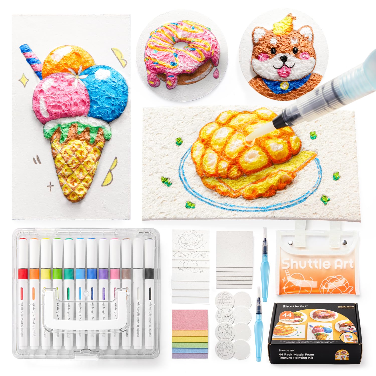 Shuttle Art 44 Pcs Magic Foam Texture Painting Kit, Including 28 Pcs Foam Texture Paper, 12 Colors Brush Tip Acrylic Paint Markers, Magical 3D Effect Texture Painting Kit
