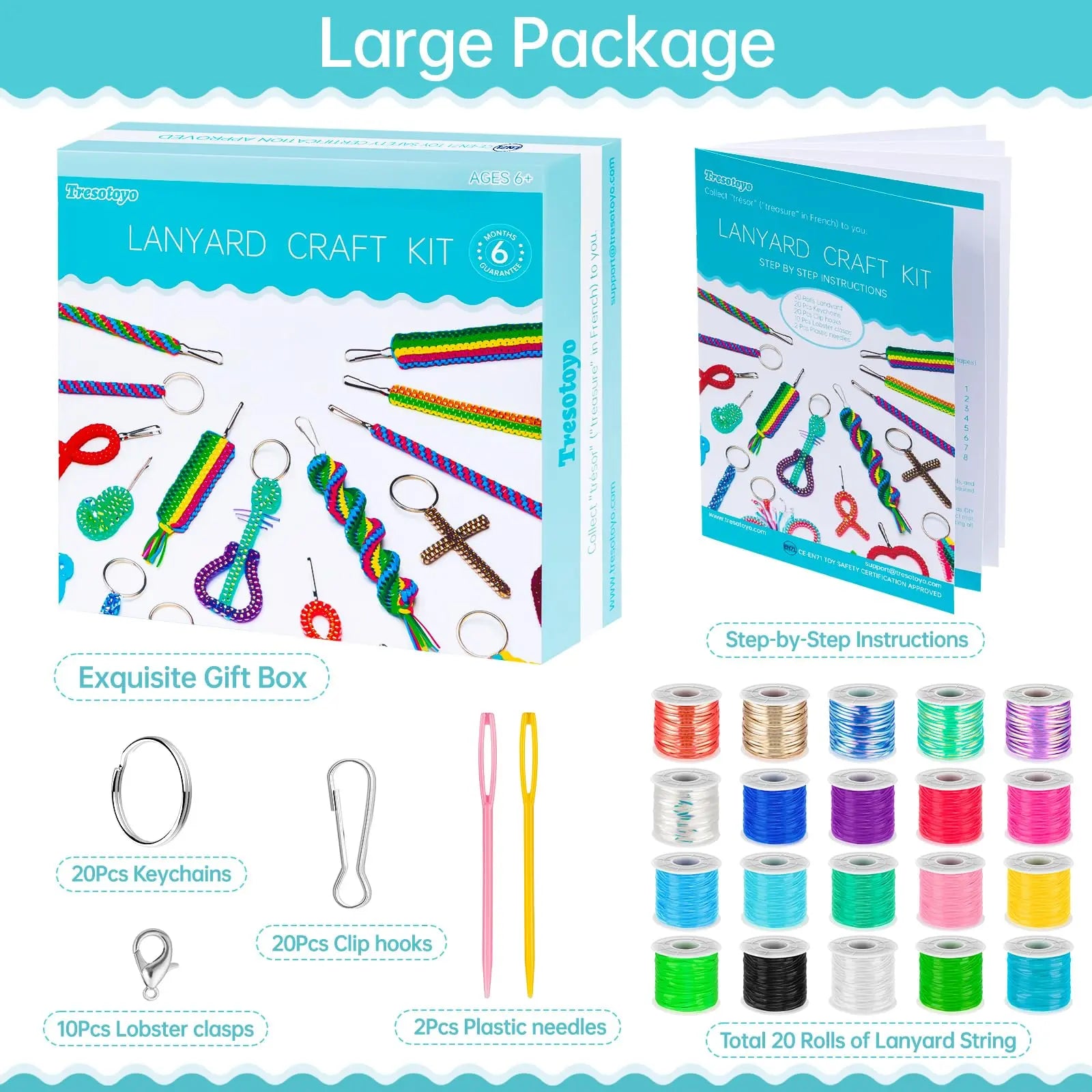 Tresotoyo Lanyard String, 20 Rolls Gimp String, Plastic String Lacing Cord, Boondoggle String Kit 1200 Feet and 52Pcs Keychain Lanyards Accessories for Keychain Crafts, Bracelet with Instruction Box