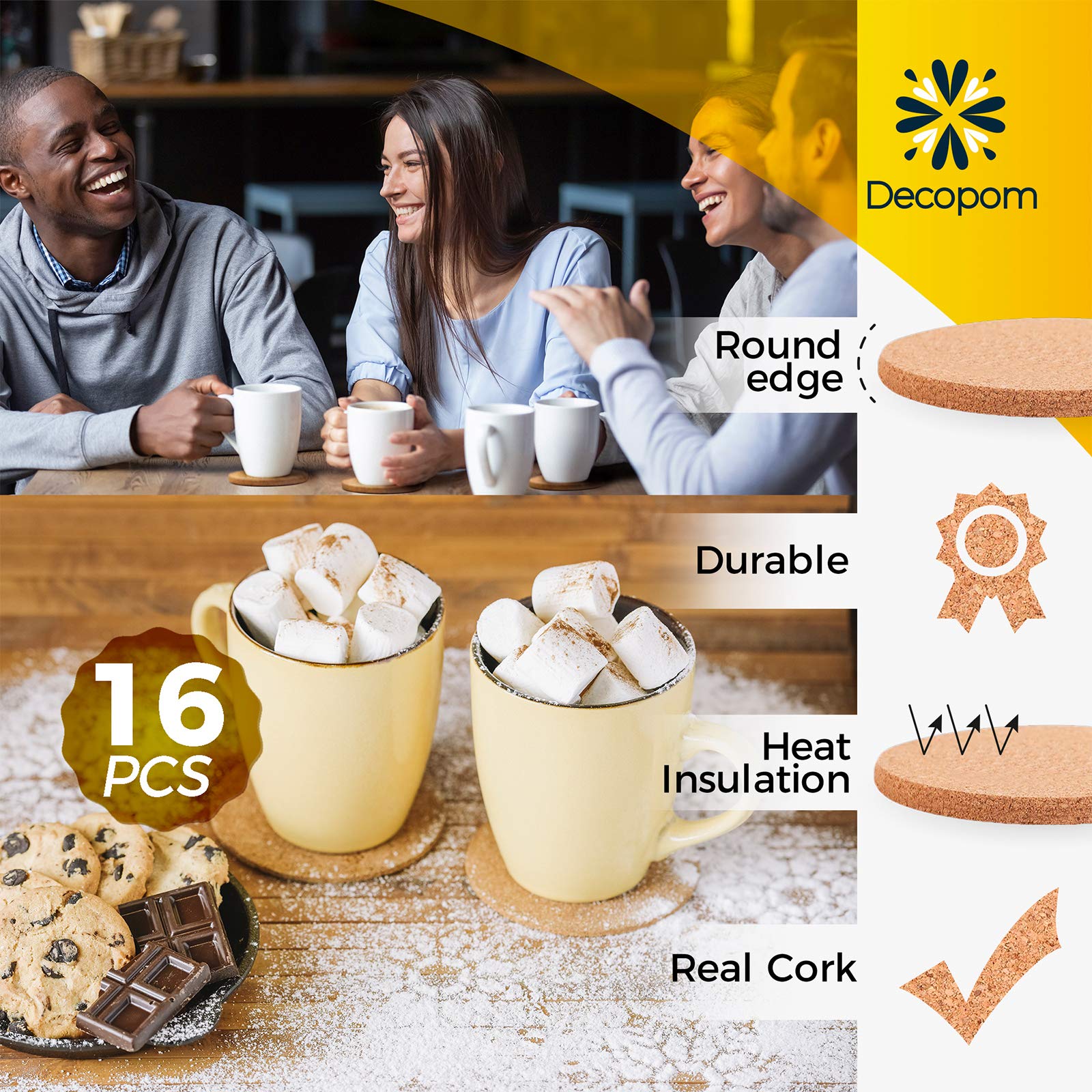 Cork Coasters for Drinks with Metal Holder - 16 Pcs Round 4 inch Drink Coaster Thick Absorbent Heat-Resistant Saucer - Used for Cold Hot Beverages Glasses Mugs Cups Plants Apartment Decor Bar Table