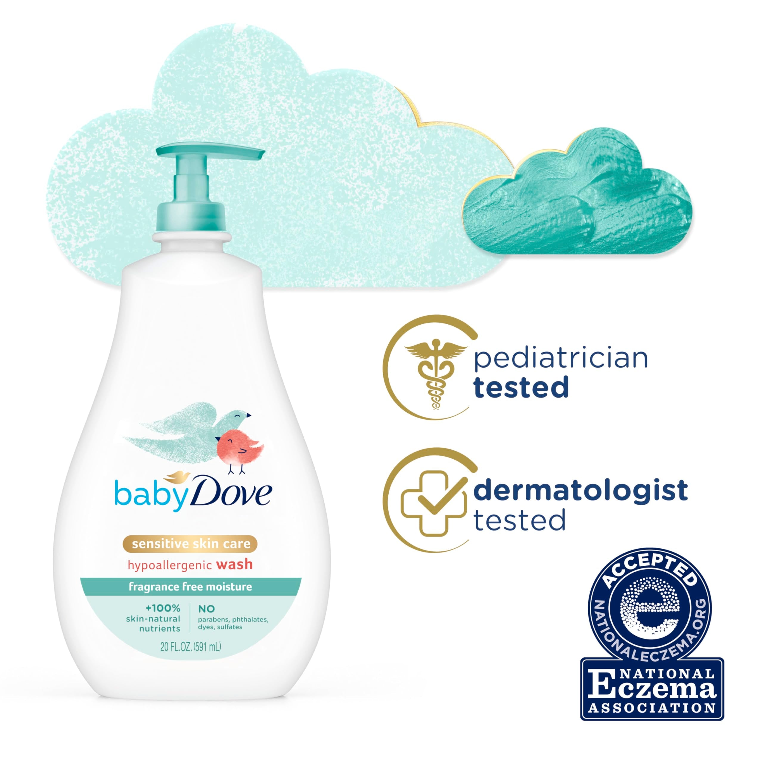 Baby Dove Sensitive Skin Care Baby Wash For Bath Time, Moisture Fragrance Free and Hypoallergenic, Washes Away Bacteria 20 oz