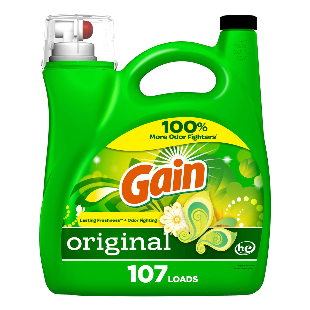 سائل منظف الغسيل Gain + Aroma Boost، برائحة أصلية، 107 غسلة، 154 أونصة سائلة، صابون غسيل متوافق مع HE مع Febreze وOxi، منظف الغسيل Gain، سائل منظف الغسيل