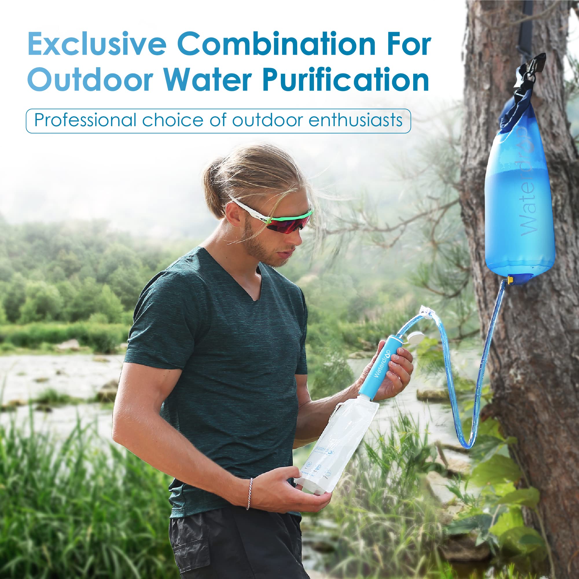 Waterdrop Gravity Water Filter Straw, Camping Water Filtration System, Water Purifier Survival for Travel, Backpacking and Emergency Preparedness, 1.5 gal Bag, 0.1 Micron, 5 Stage Filtration