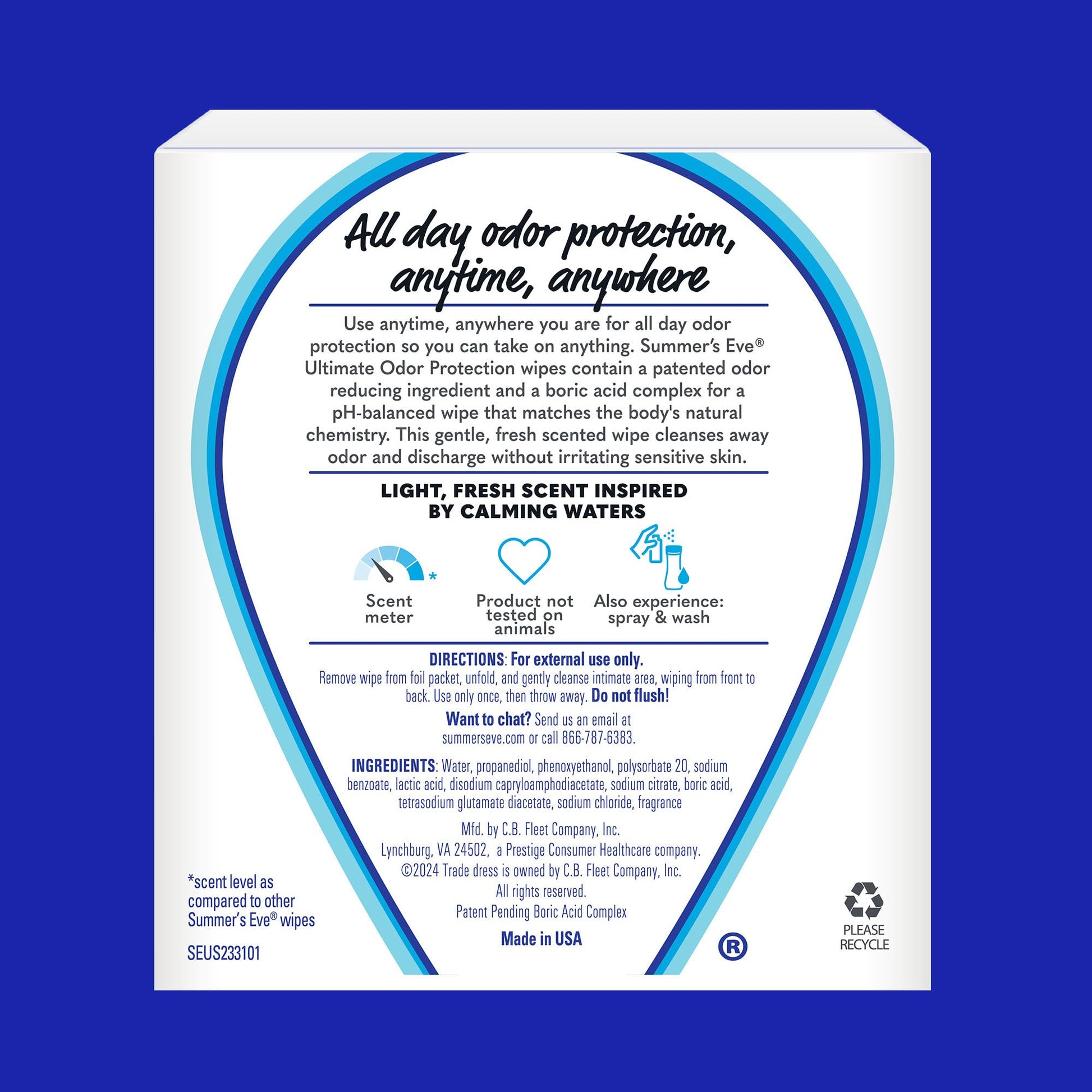 Summer's Eve, Ultimate Odor Control, Daily Feminine Wipes with Boric Acid, Removes Odor, On-the-go Body Wipes with pH Balance, 12 ct