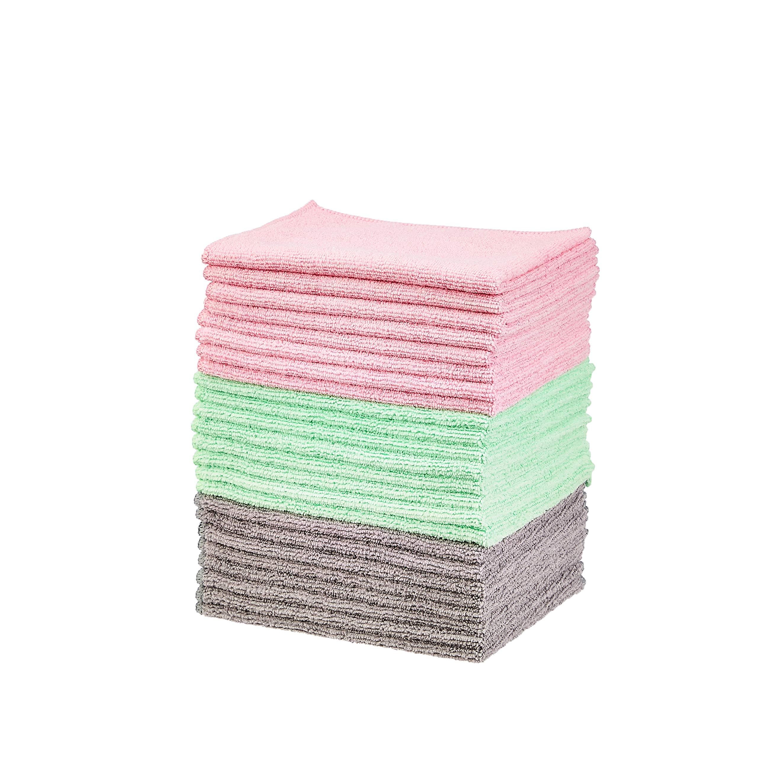 Basics Microfiber Cleaning Cloths, Ultra Soft and Absorbent, Free from Streaks/Lint/Scratch for Cars, 16" x 12", Green/Gray/Pink, 24-Pack