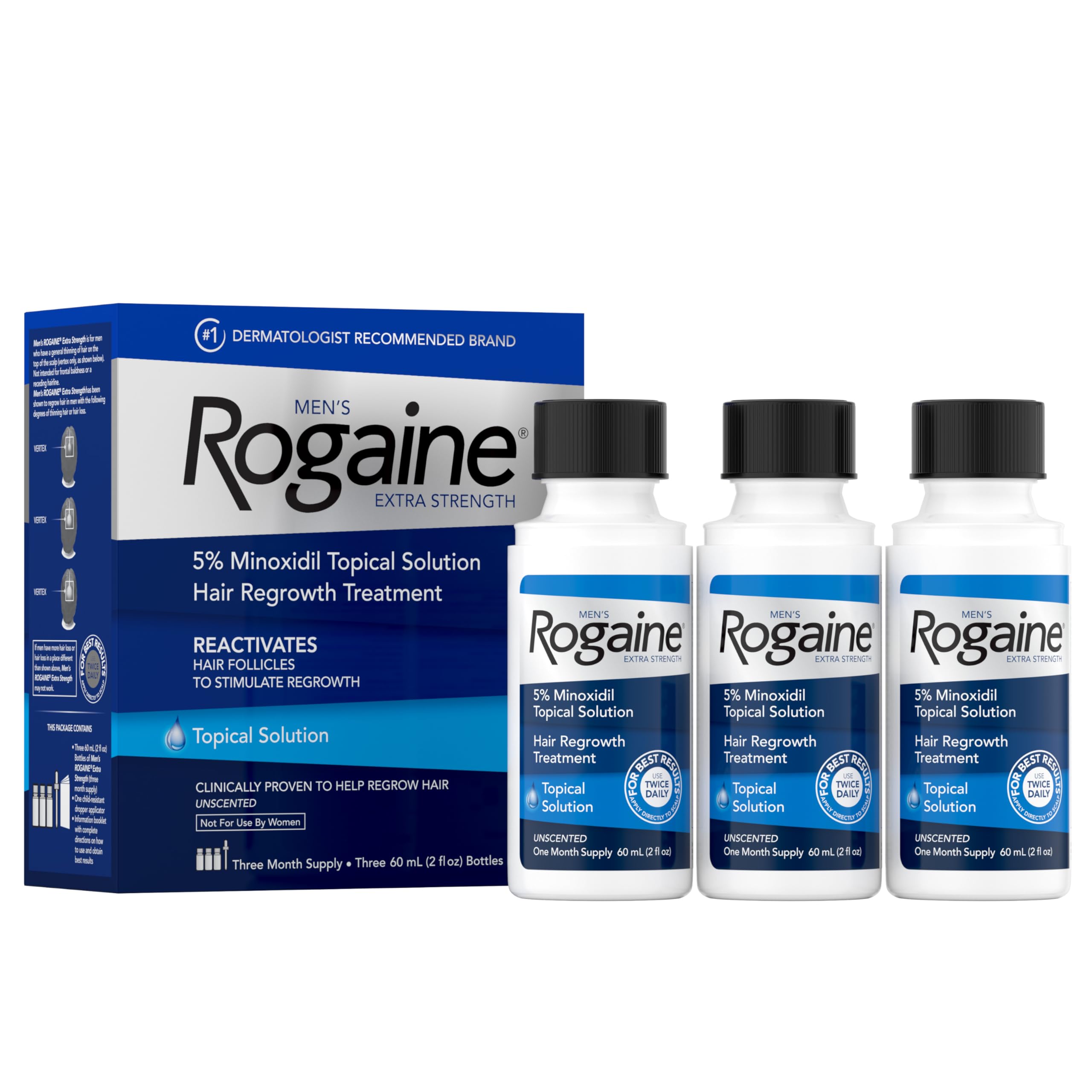 Men's Rogaine Extra Strength 5% Minoxidil, Topical Solution for Thinning & Hair Loss, Clinically Proven FDA Approved Minoxidil for Men Treatment, Regrow Fuller Hair, 3 Month Supply, 3 Bottles
