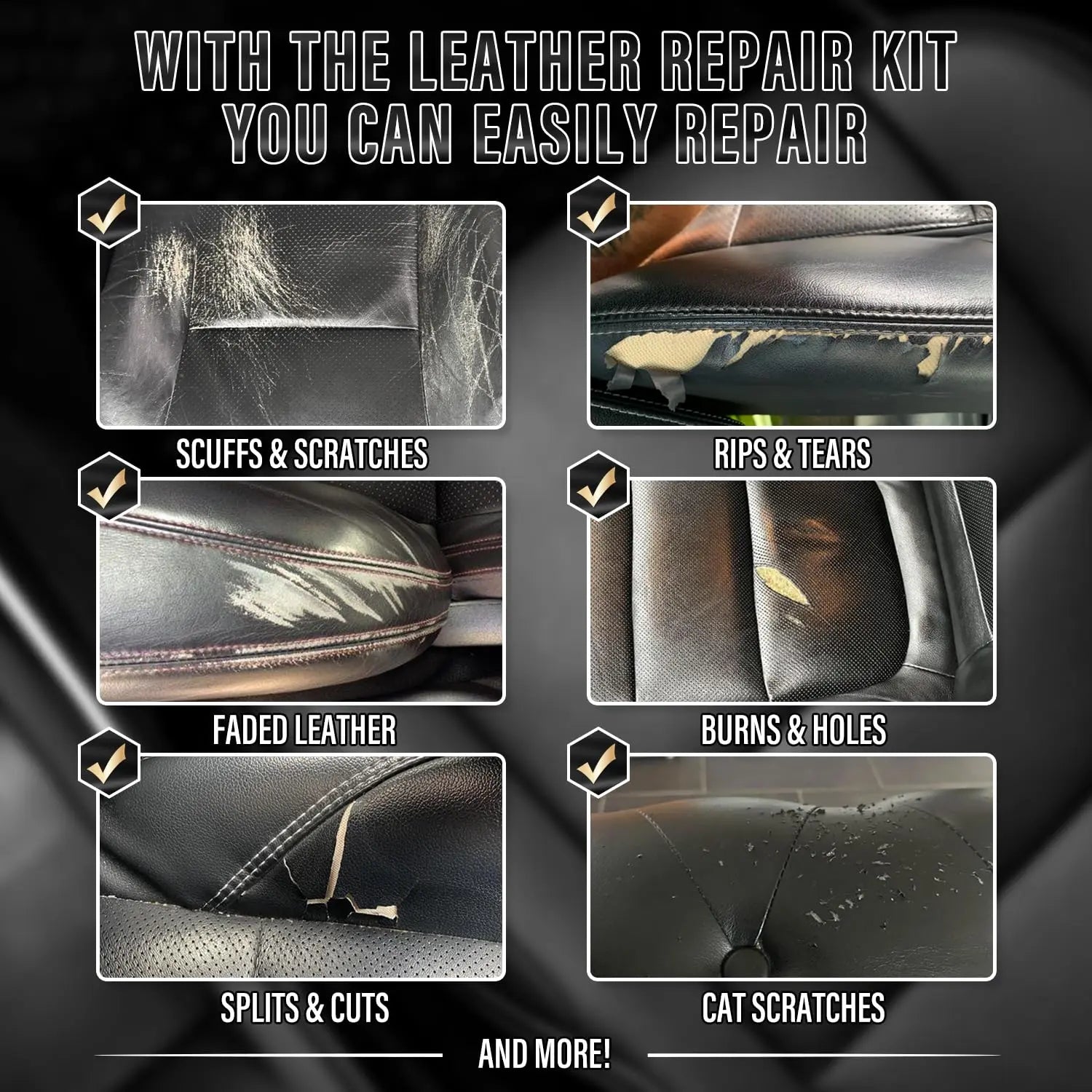 Black Leather Repair Kit, Vinyl Repair Kit for Car Seats, Couch, Boat, Sofa & Purse, Fix Scratch & Rip on Artificial, Faux, Genuine Leather, with Color Matching Guide & Super Easy Instructions