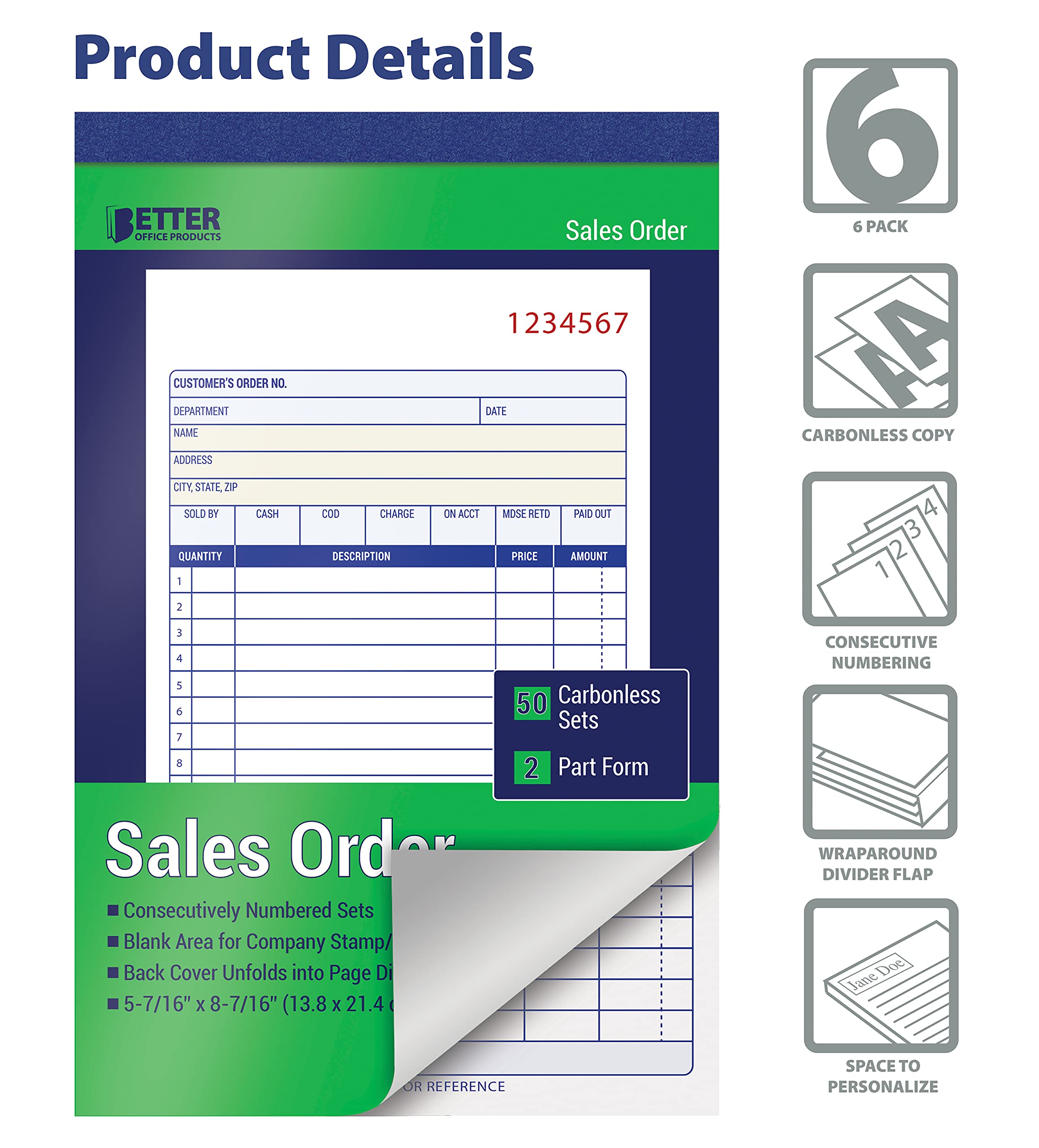 Better Office Products Large Sales Order Books, 6 Pack, 2-Part Carbonless (White/Canary Yellow), 5-7/16 x 8-7/16 inches, 50 Sets per Book, 300 Total Sets, 6 Books