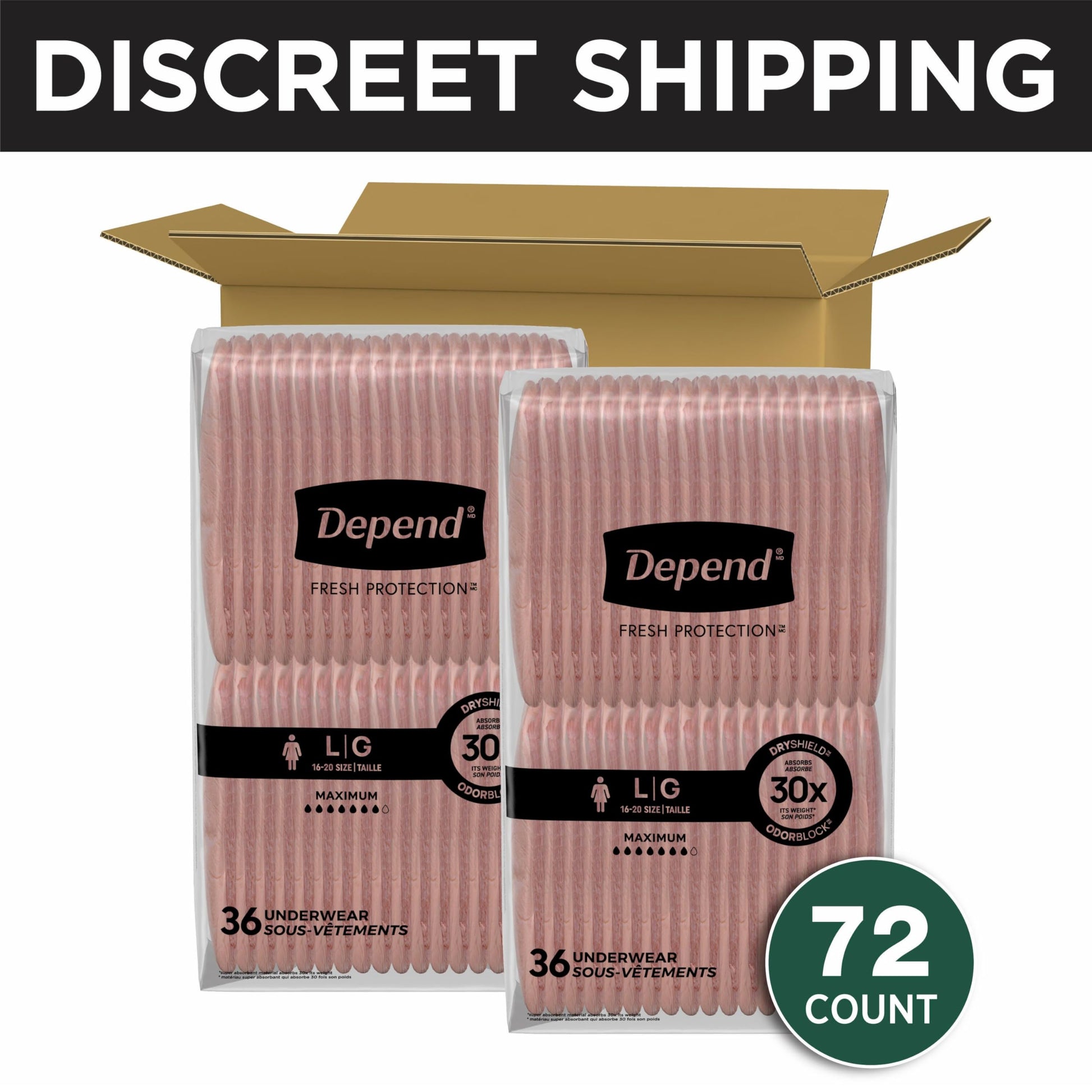 Depend Fresh Protection Adult Incontinence & Postpartum Bladder Leak Underwear for Women, Disposable, Maximum, Large, Blush, 72 Count (2 Packs of 36), Packaging May Vary