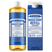 Dr. Bronner's Reine Naturseife Flüssig Flasche & Nachfüllpackung – Hergestellt mit regenerativ-biologisch zertifizierten Ölen – 18-in-1 Anwendungen für Gesicht, Körperwäsche, Handseifen-Nachfüllung – Pfefferminze, 946ml