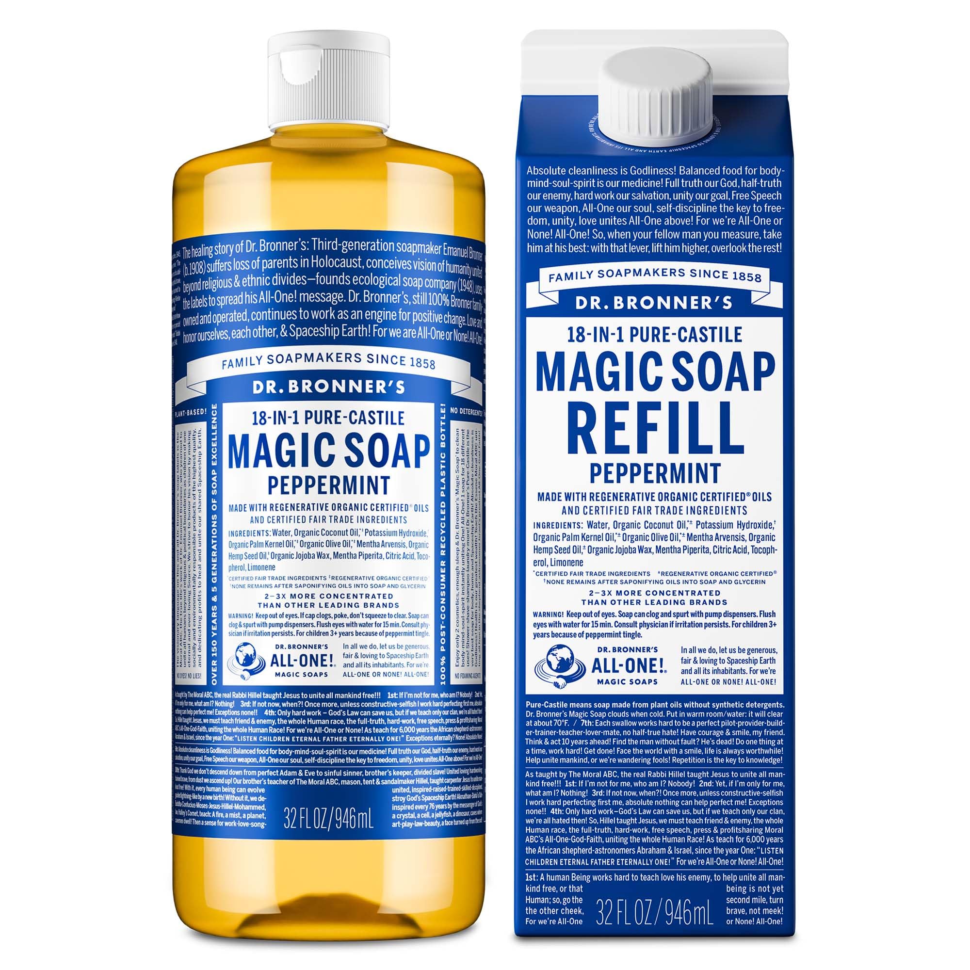 Dr. Bronner's Reine Naturseife Flüssig Flasche & Nachfüllpackung – Hergestellt mit regenerativ-biologisch zertifizierten Ölen – 18-in-1 Anwendungen für Gesicht, Körperwäsche, Handseifen-Nachfüllung – Pfefferminze, 946ml